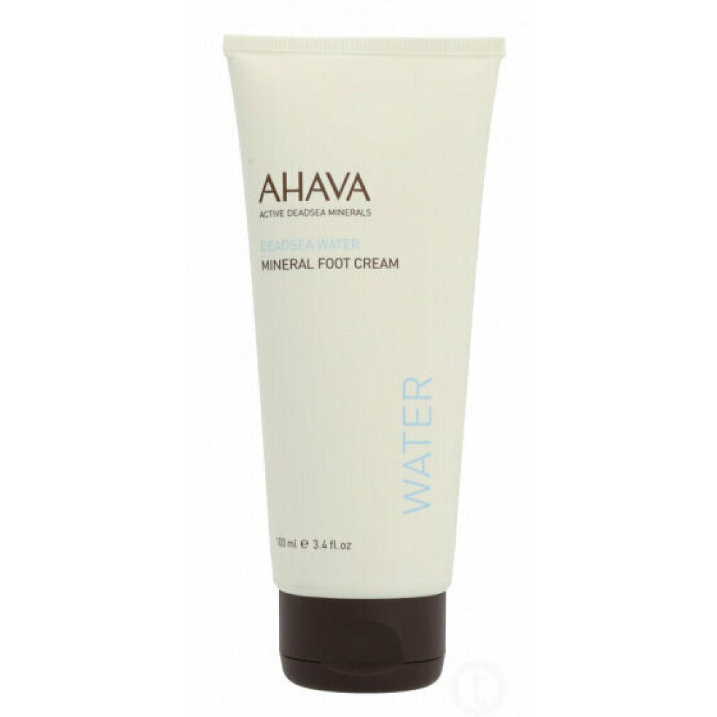 AHAVA Mineral Fußcreme Tube. Weiß, mit braunem Verschluss. Produktname und Marke deutlich sichtbar. Text: WATER.