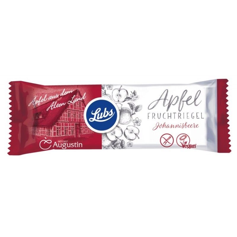 Verpackung eines Fruchtriegels. Aufschrift: Lubs Apfel Fruchtriegel Johannisbeere. Vegan-Siegel.