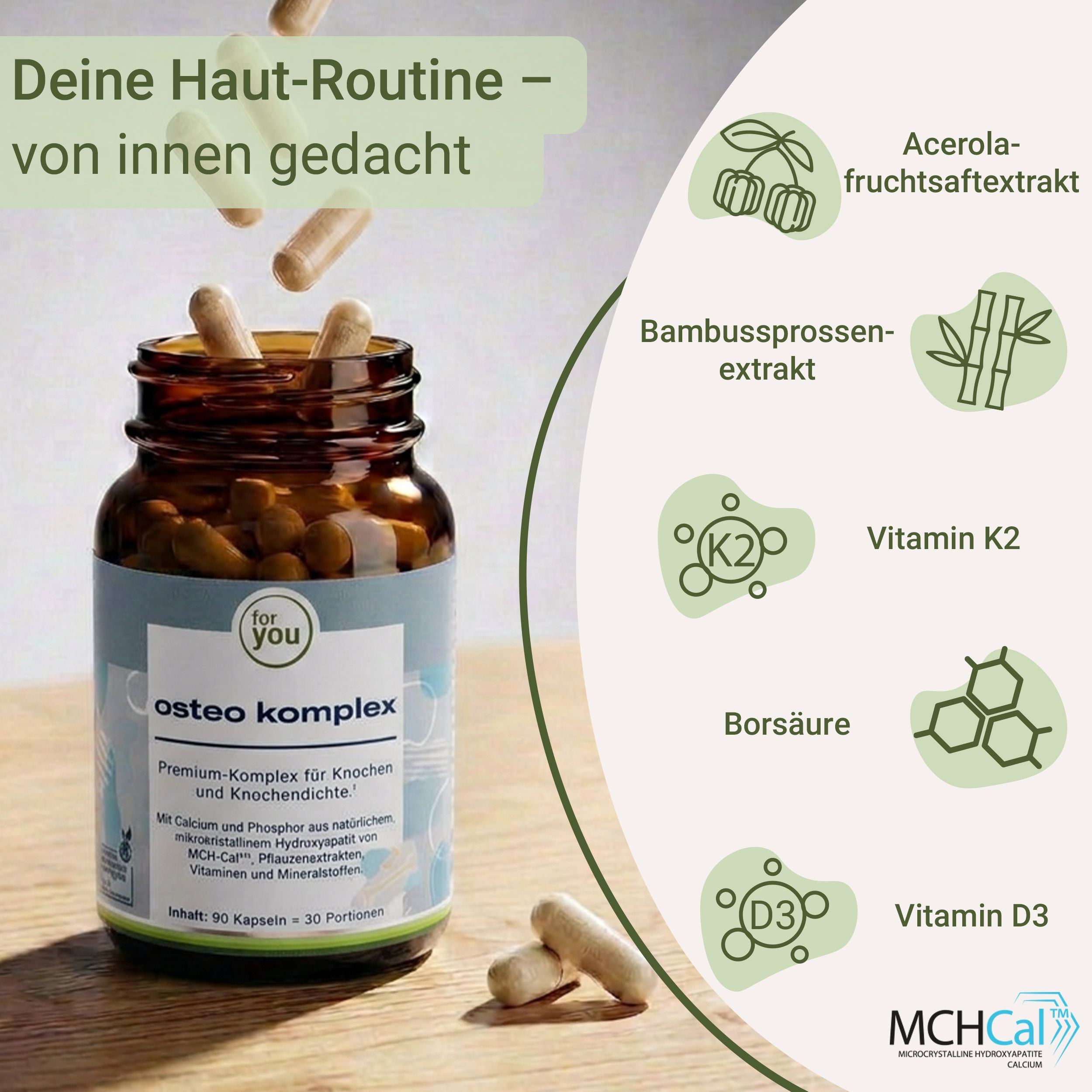 Flasche Osteo Komplex mit herausfallenden Kapseln und Icons zu Inhaltsstoffen wie Vitamin K2.