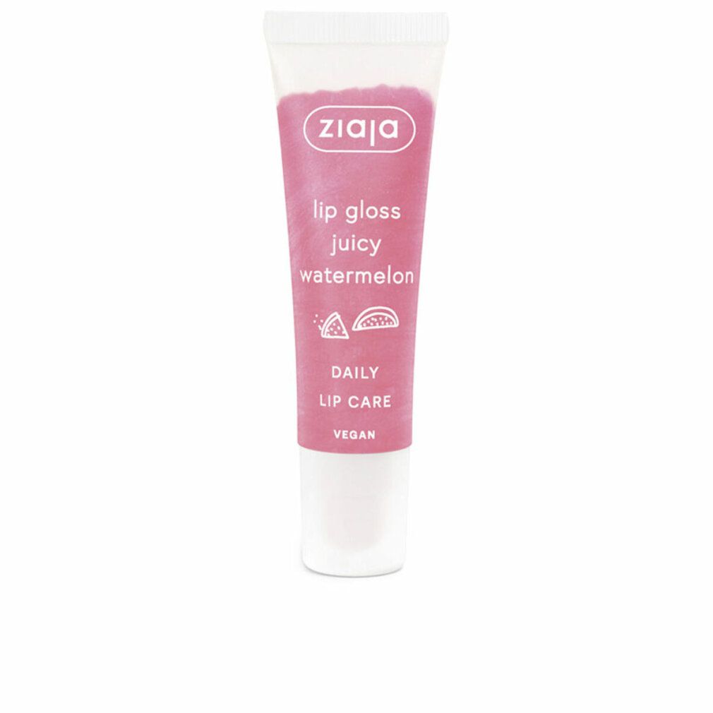 Lipgloss-Tube mit rosa Inhalt. Aufschrift: Ziaja, lip gloss juicy watermelon, Daily Lip Care, Vegan.