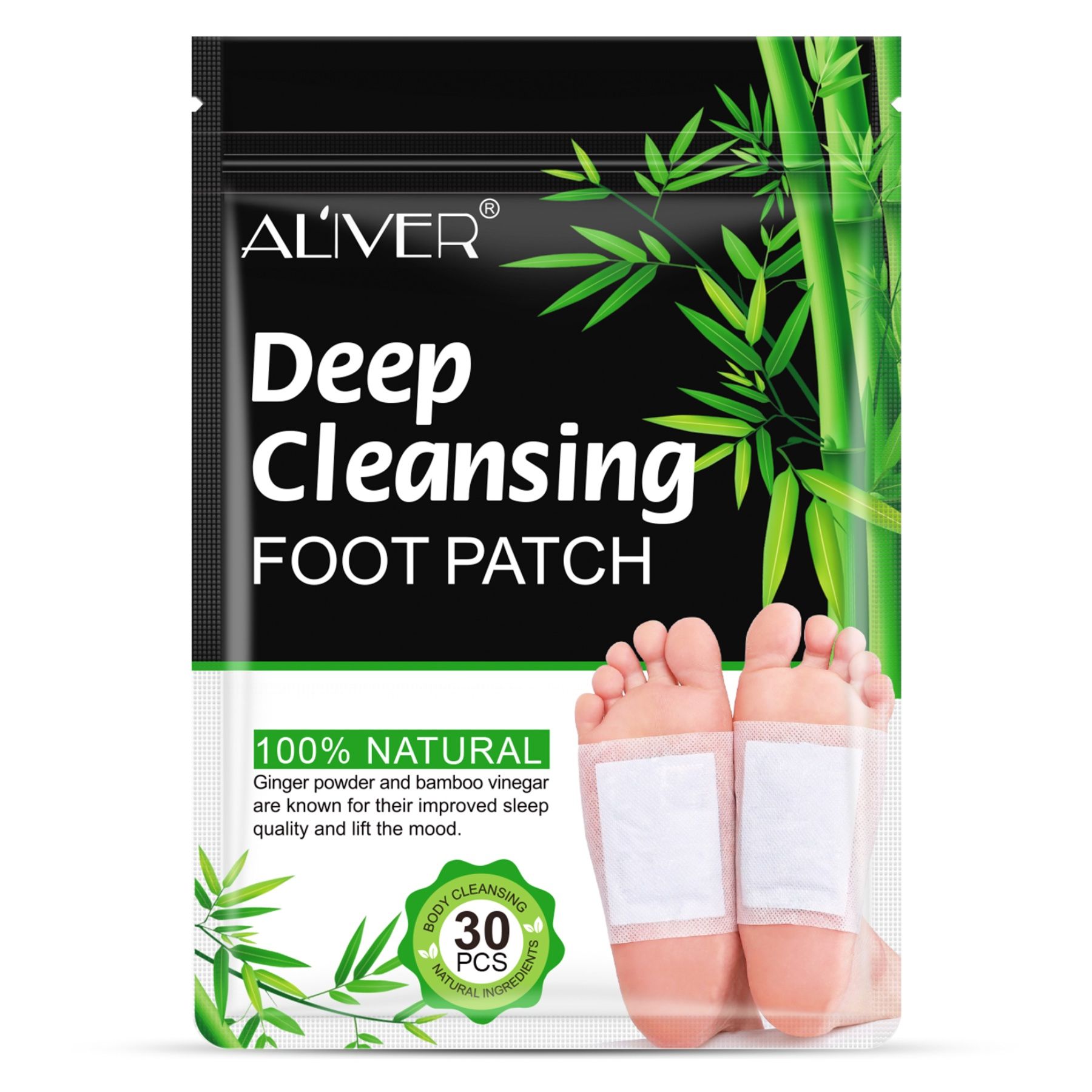 ALIVER Fußpflaster mit Bambusessig. Verpackung mit 30 Pflastern. Füße mit aufgeklebten Pflastern. Text: Deep Cleansing Foot Patch.