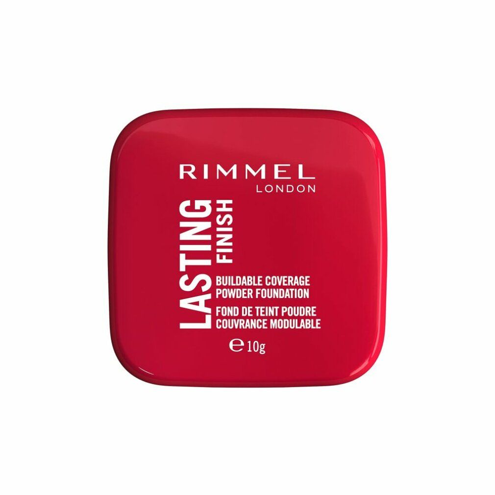 Rote Kompaktpuder-Verpackung. Aufschrift: Rimmel London, Lasting Finish, Buildable Coverage Powder Foundation, 10g.