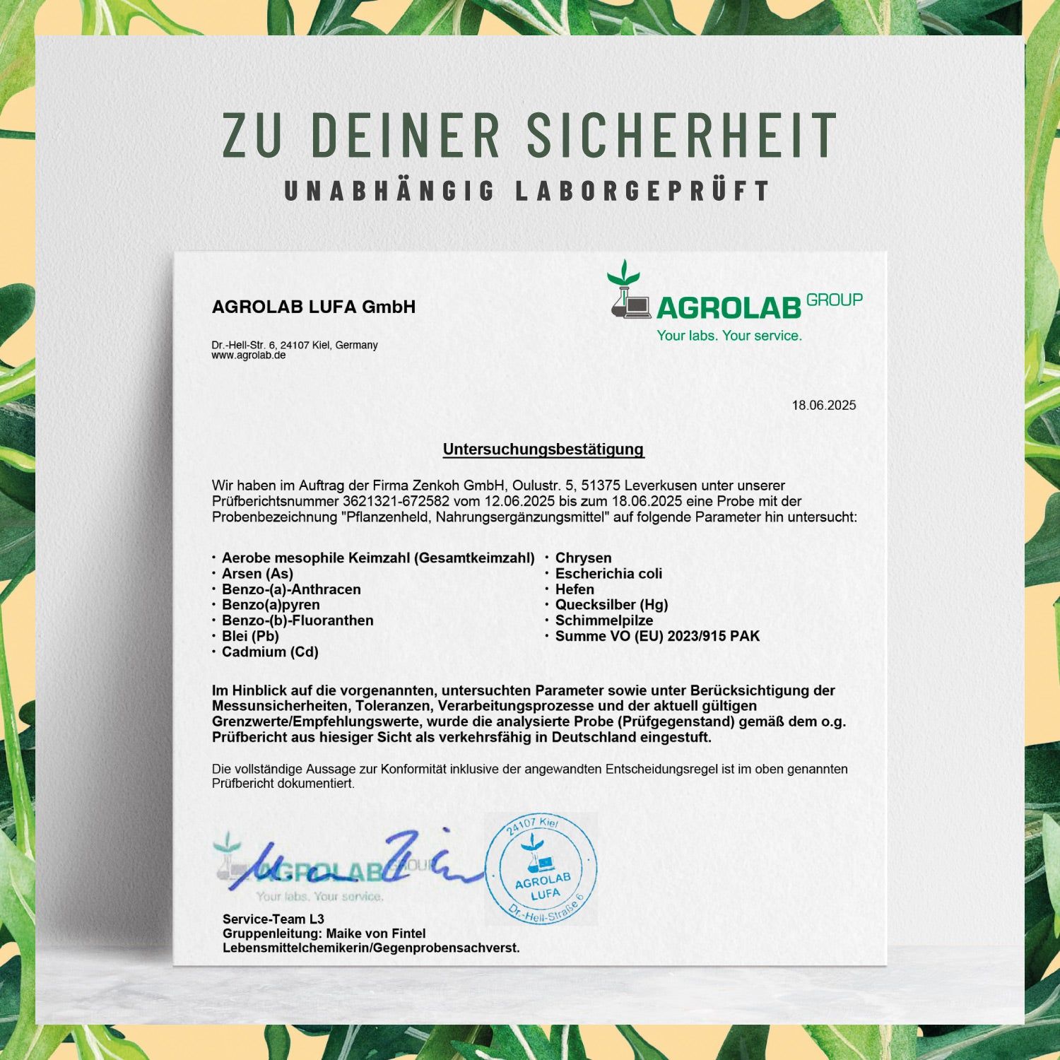 Untersuchungsbestätigung von AGROLAB LUFA GmbH. Analyseergebnisse für Pflanzenheld. Unterschrift und Stempel.