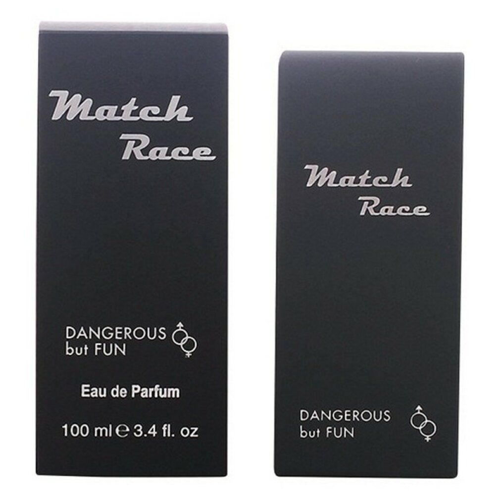 Zwei schwarze Parfümverpackungen. Aufschrift "Match Race", "Dangerous but FUN", "Eau de Parfum", 100 ml.