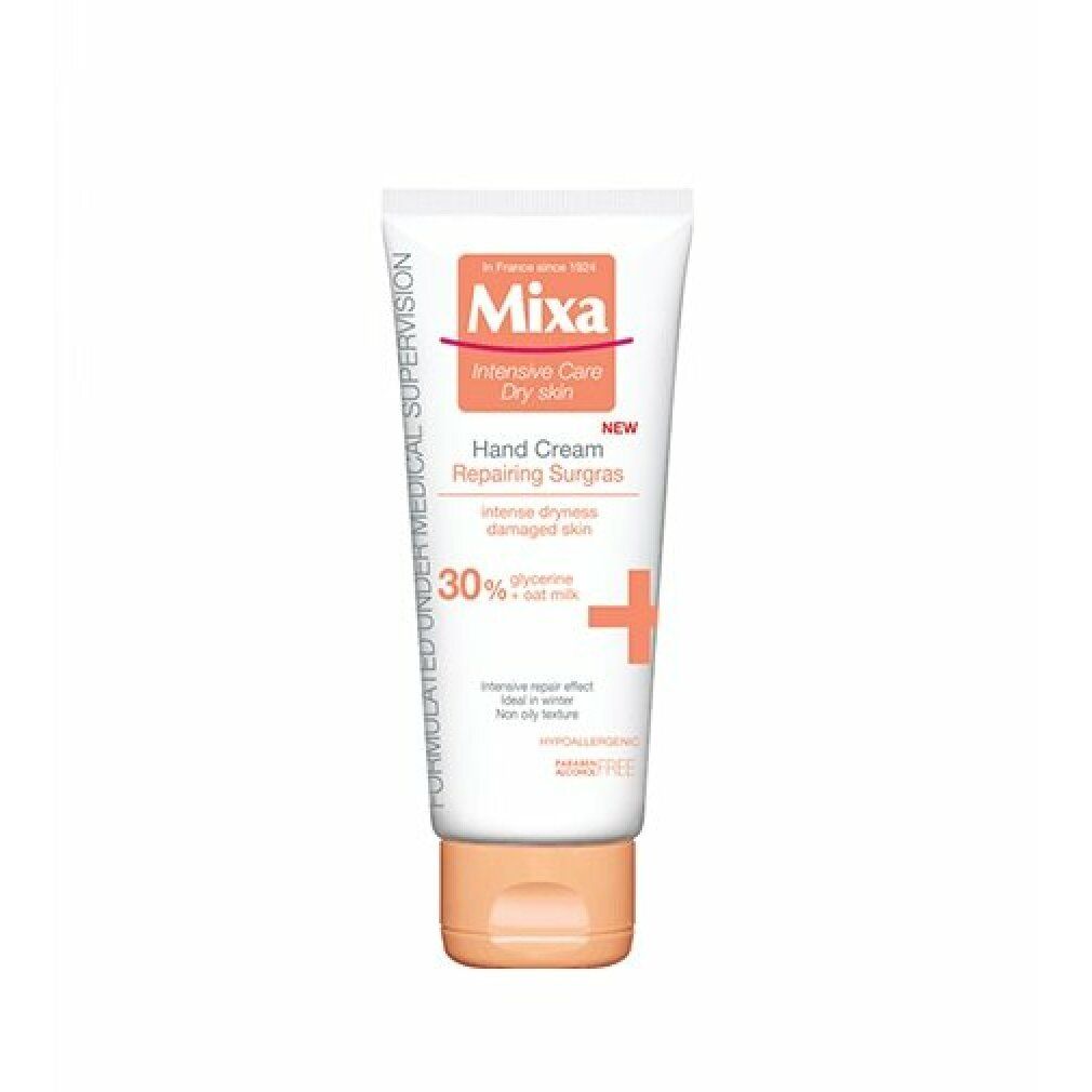 Handcreme-Tube mit Mixa-Logo. Orangefarbener Verschluss. Text: Intensive Care, Dry Skin, Hand Cream, Repairing Surgras, 30% Glycerin + Ziegenmilch.