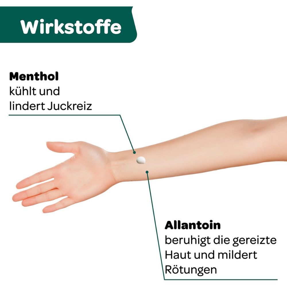 Arm mit Produkt. Text: Menthol kühlt und lindert Juckreiz. Allantoin beruhigt die gereizte Haut und mildert Rötungen.