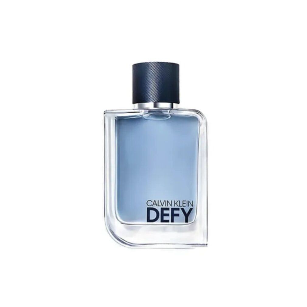 Calvin Klein Defy Eau de Toilette Flakon. Rechteckiger Flakon, blaue Flüssigkeit, schwarzer Deckel, Schriftzug Defy.