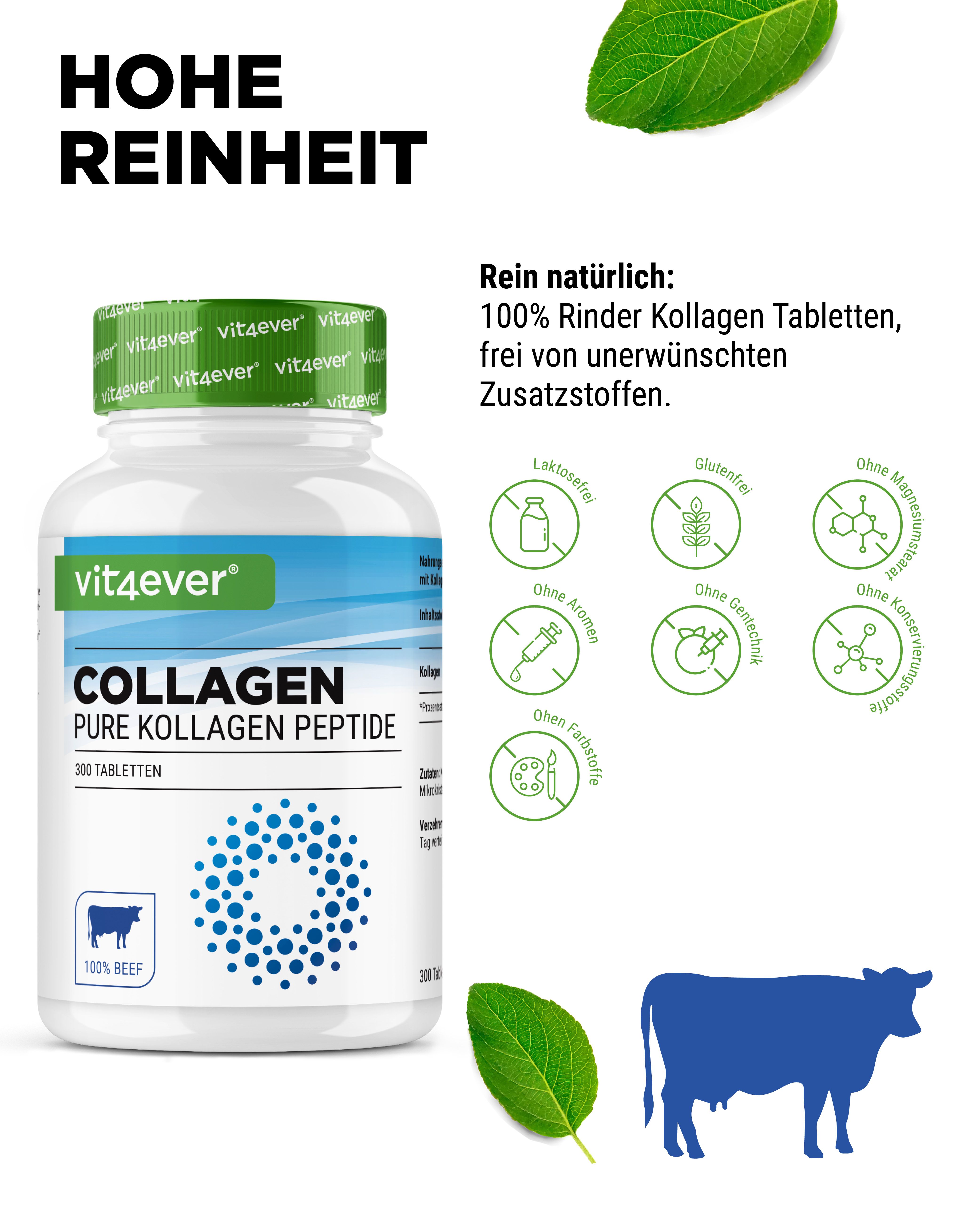 Weiße Flasche mit grünem Deckel. Aufschrift: Collagen Pure Kollagen Peptide. 300 Tabletten. Logo: vit4ever. Ohne Zusatzstoffe.