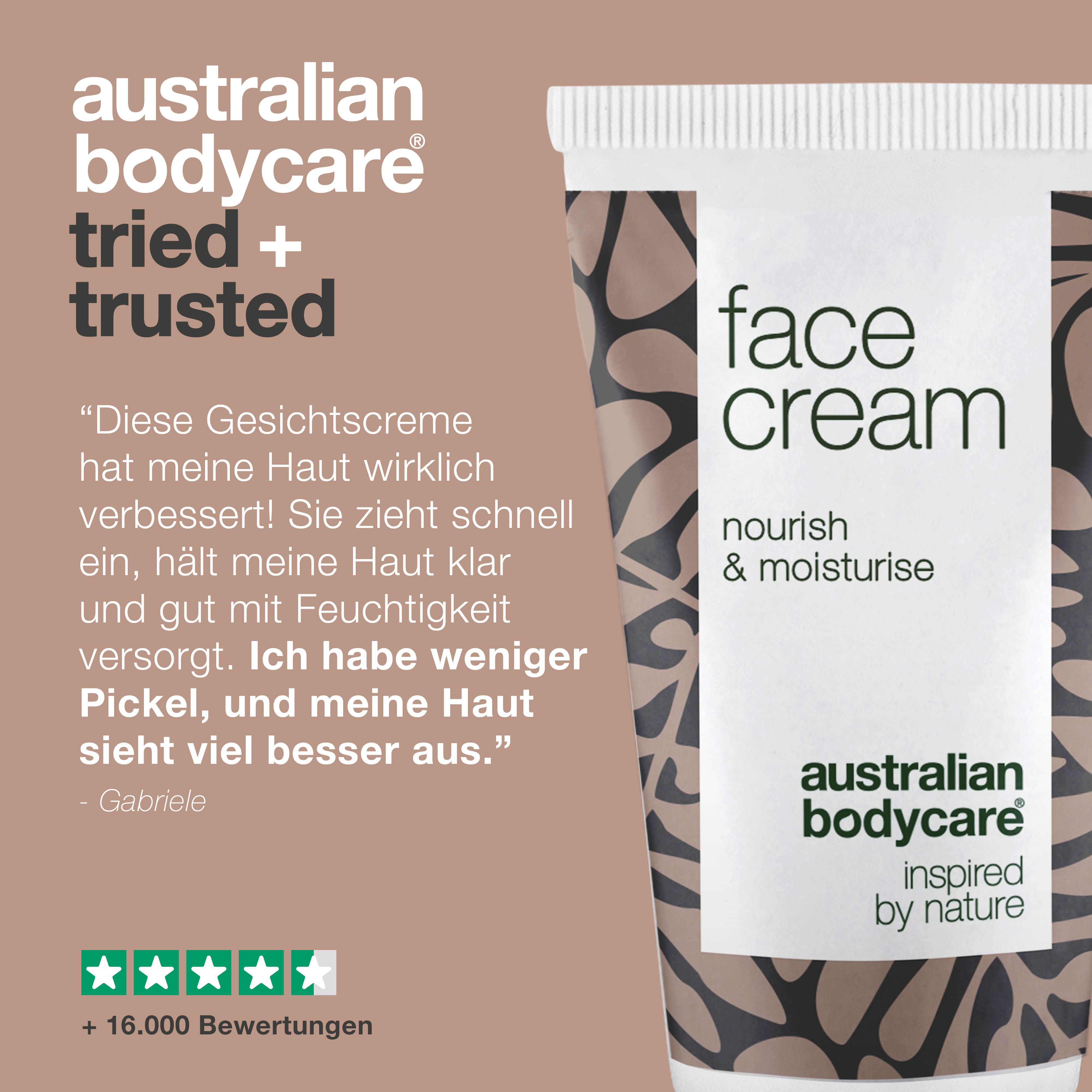 Gesichtspflege-Tube. Text: face cream, australian bodycare. Text: + 16.000 Bewertungen. Zitat.