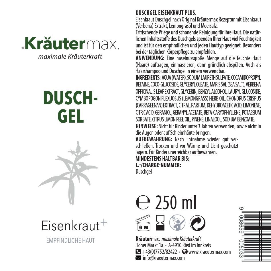 Rückseite der Duschgel-Flasche. Aufschrift: Kräutermax Dusch-Gel Eisenkraut+. Inhaltsstoffe, Anwendungshinweise, Mindesthaltbarkeit. Volumen: 250 ml. 6M Symbol.