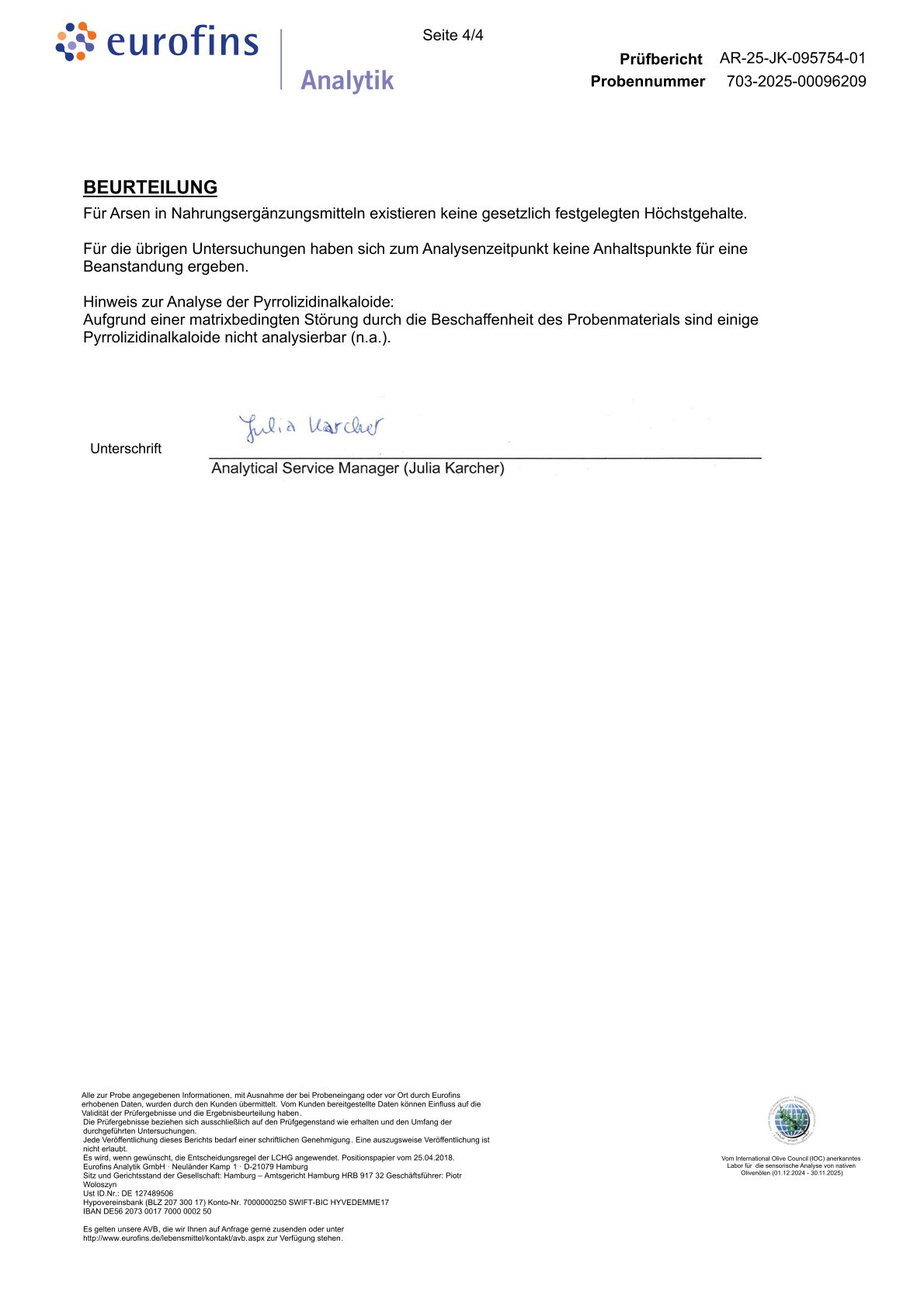 Eurofins Analysenzertifikat. Beurteilung und Unterschrift. Seite 4/4.