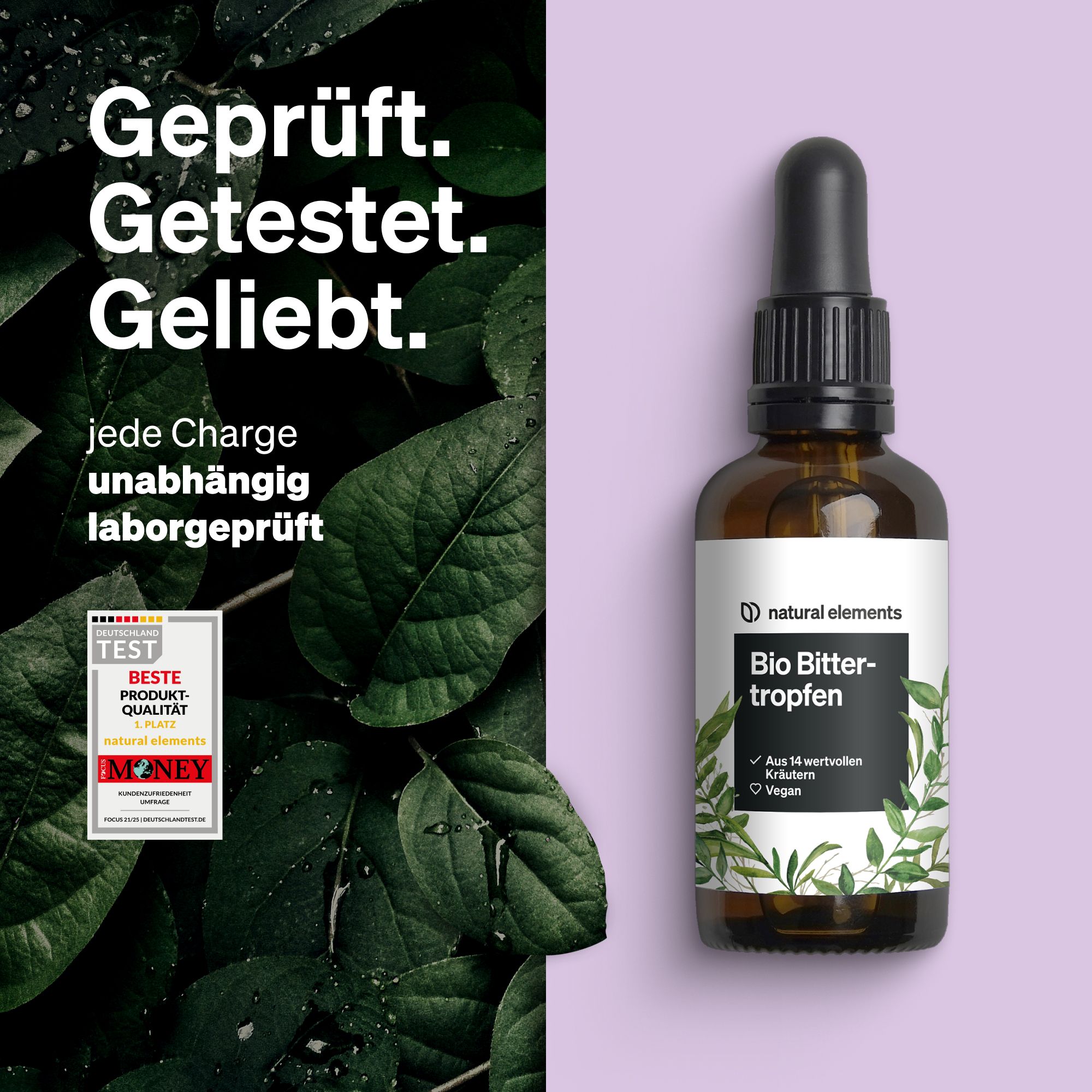Braune Flasche mit Tropfer, Etikett mit Produktname. Text: Geprüft. Getestet. Geliebt. Laborgeprüft. Test-Siegel.