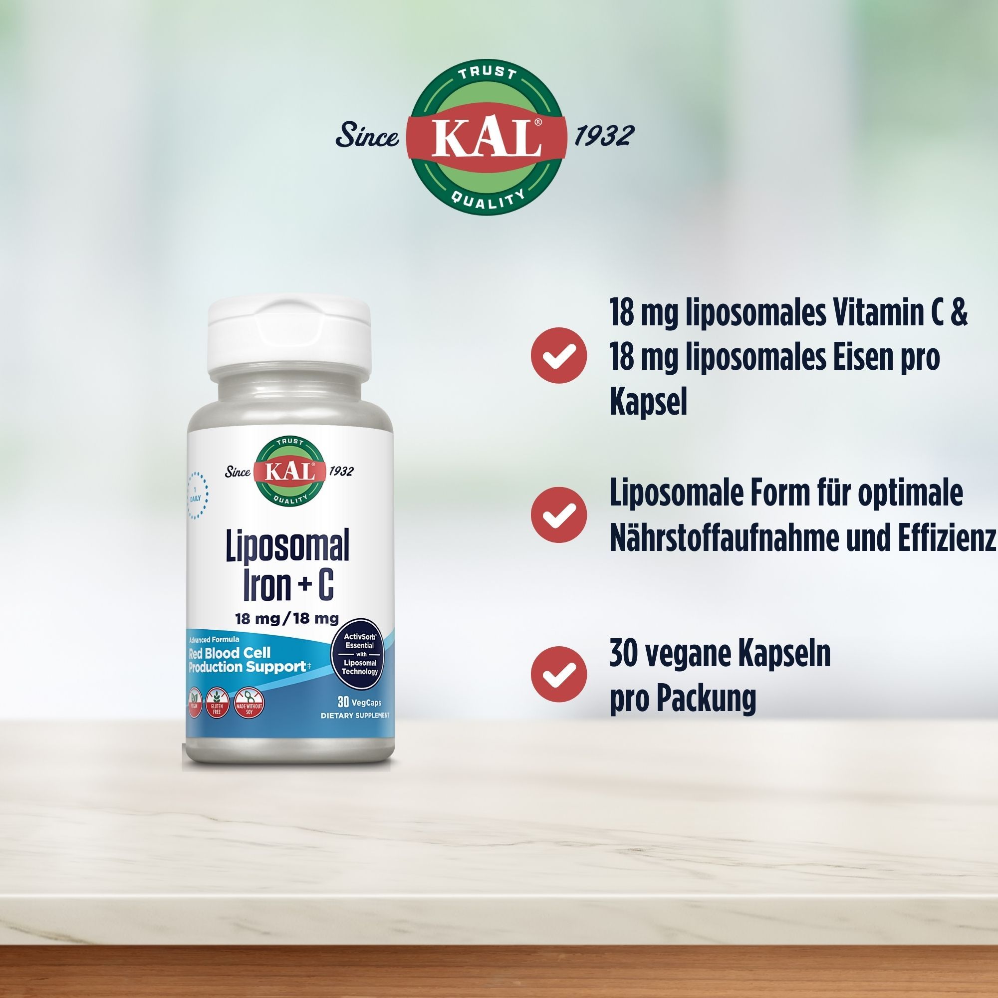 Eine Flasche KAL Liposomales Eisen + C 18 mg / 18 mg. Text: 18 mg liposomales Vitamin C & 18 mg Eisen pro Kapsel. 30 vegane Kapseln.