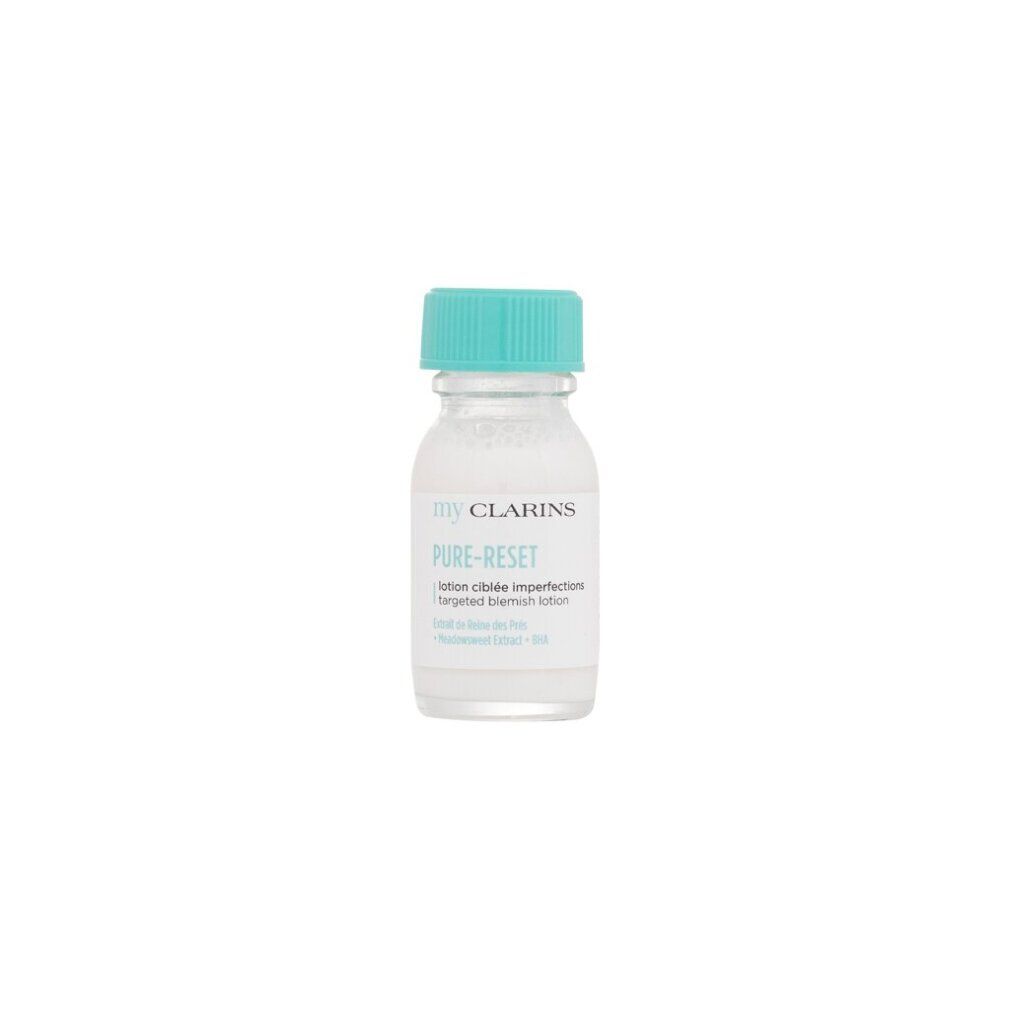 Kleine Flasche my CLARINS Pure-Reset Lotion mit türkisem Deckel. Produktetikett mit Logo und Produktnamen.