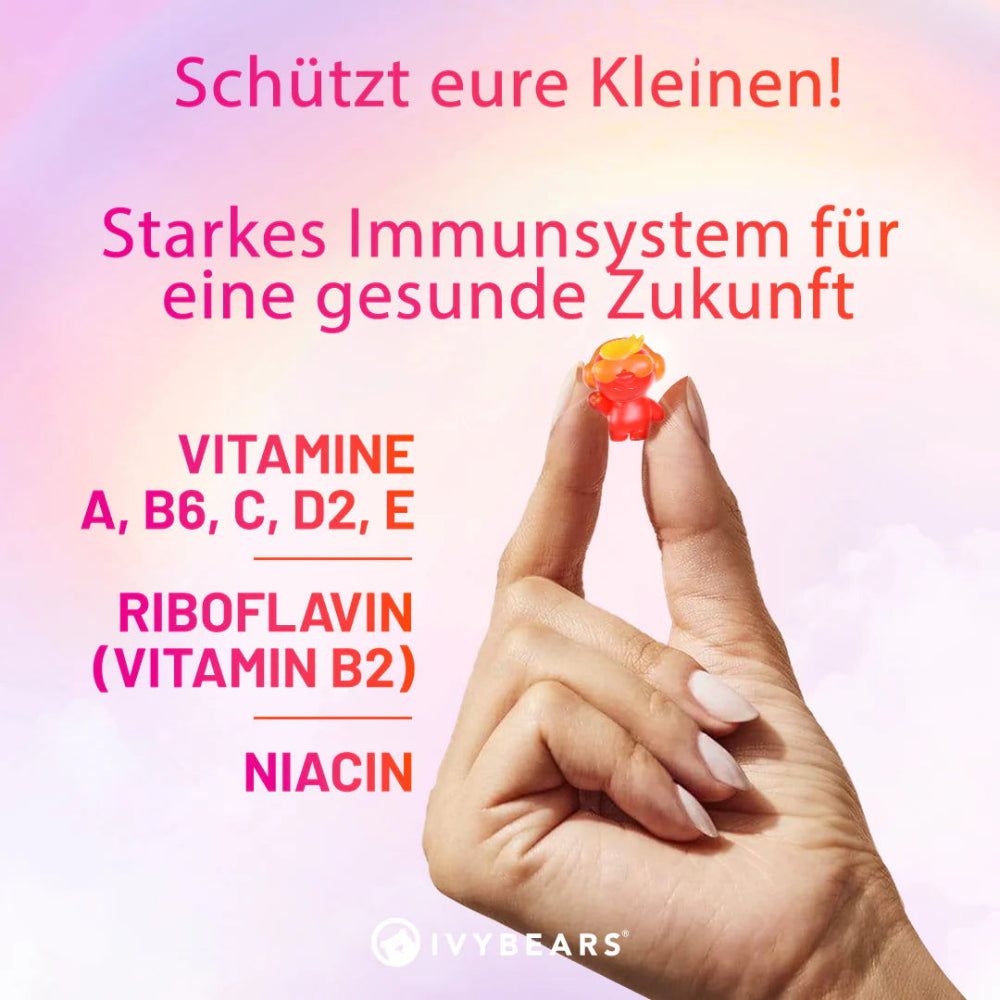 Hand hält ein rotes Gummibärchen. Text: Vitamine A, B6, C, D2, E, Riboflavin (Vitamin B2), Niacin.