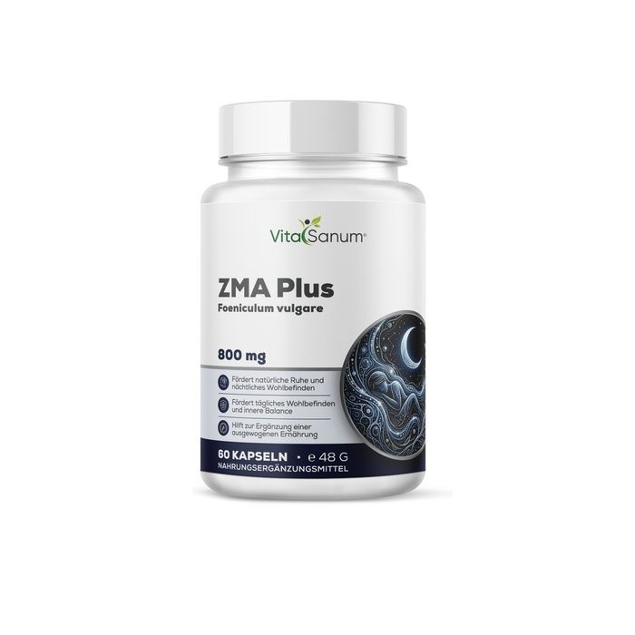 VitaSanum ZMA Plus Kapseln, 800 mg, 60 Stück. Weiße Dose mit blauem Etikett und Mond-Symbol.