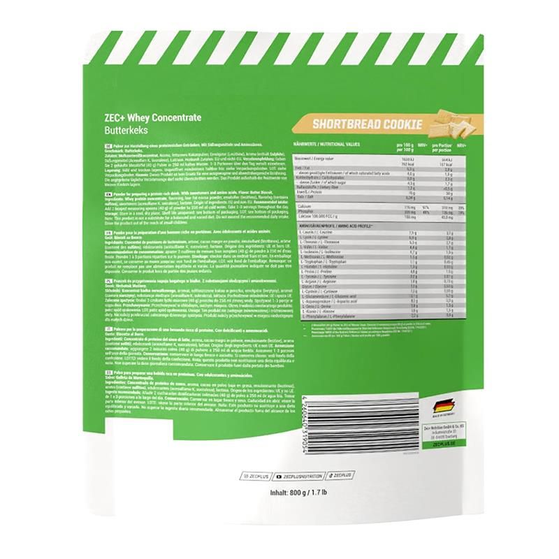 Rückseite der ZEC+ Whey Concentrate Butterkeks-Verpackung. Enthält Informationen zu Inhaltsstoffen und Nährwerten. Mit Barcode.