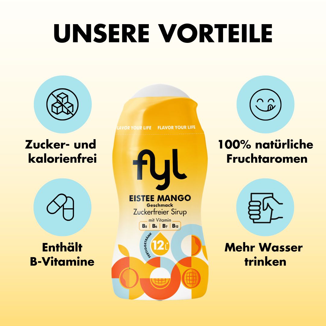 fyl Eistee Mango Sirup mit Vorteilen: zuckerfrei, kalorienfrei, natürliche Aromen, B-Vitamine, mehr Wasser trinken.