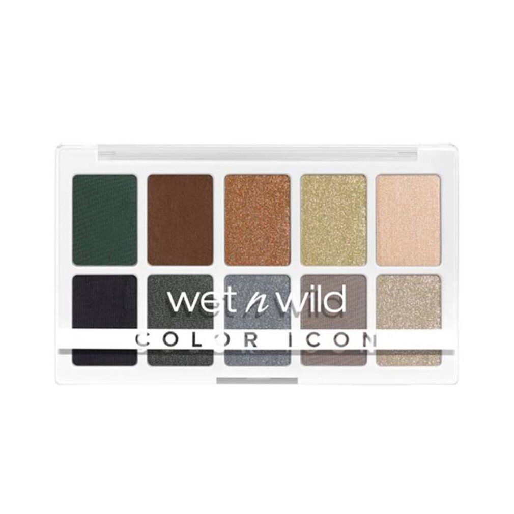 Lidschatten-Palette mit 10 Farbtönen. Grüntöne, Braun, Grau und Beige. Marke: Wet n Wild. Text: Color Icon.