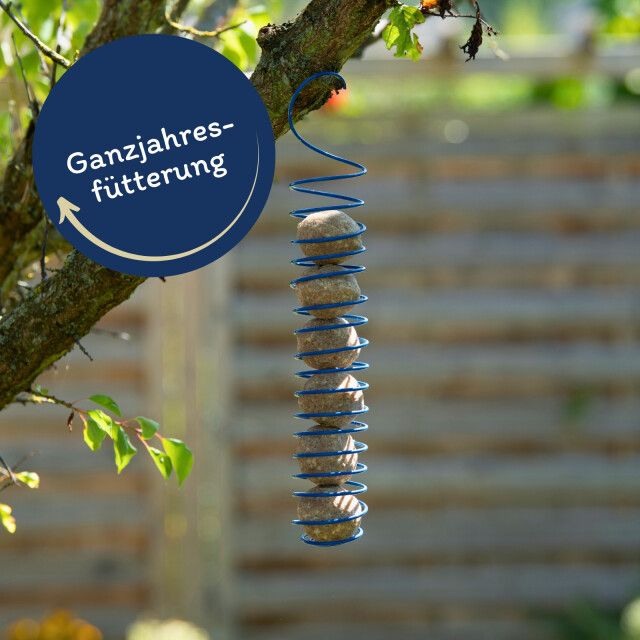 Meisenknödel an blauer Spirale an einem Ast. Beschriftung: Ganzjahresfütterung. Hintergrund: Garten mit Zaun.