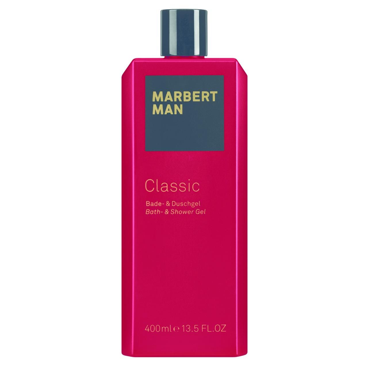 Flasche mit blauem Deckel. Aufschrift: MARBERT MAN Classic. Enthält Bade- & Duschgel. Volumen: 400ml.