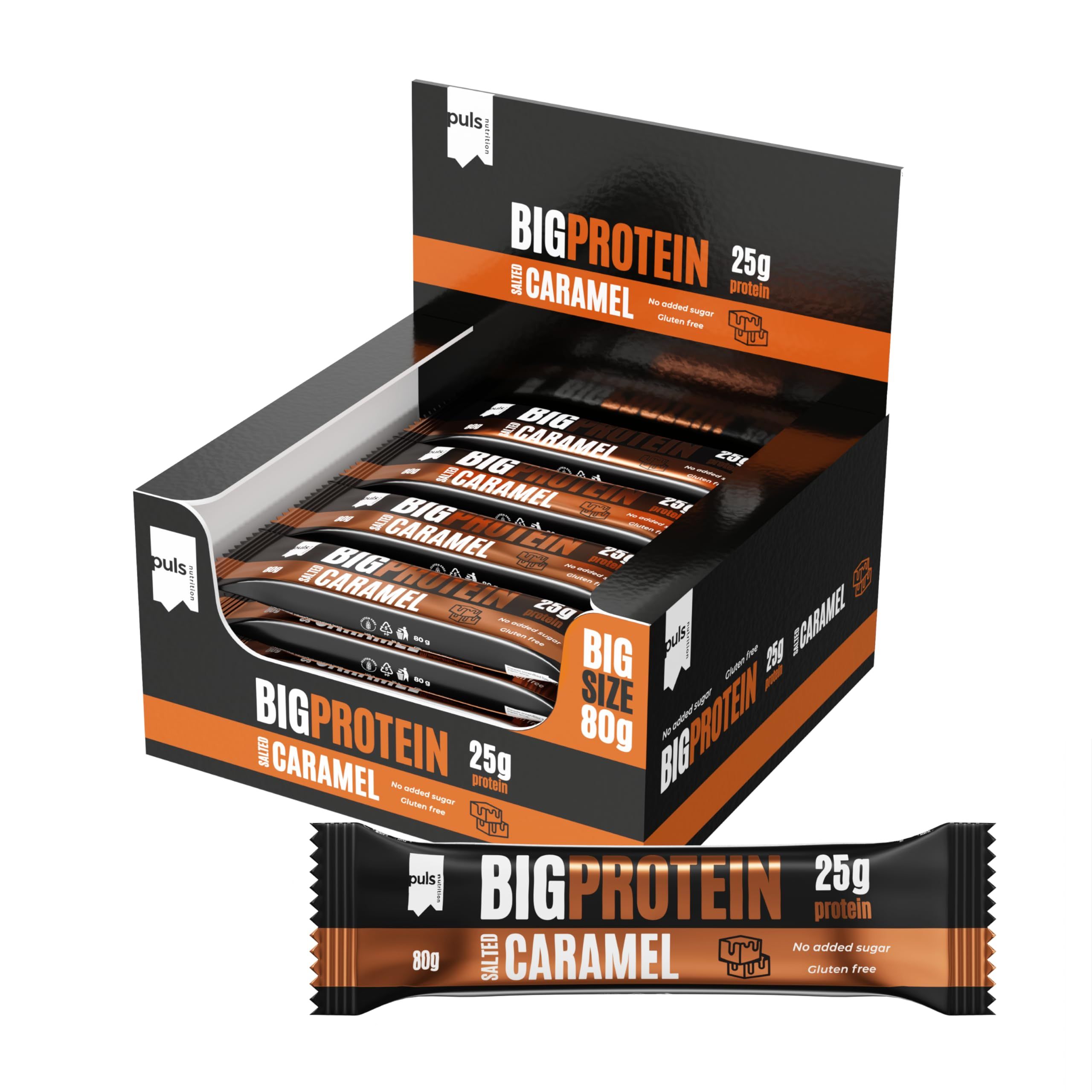 Puls Nutrition Big Protein Riegel (Salted Caramel) in einer Display-Box. Einzelner Riegel vorne. 80g.