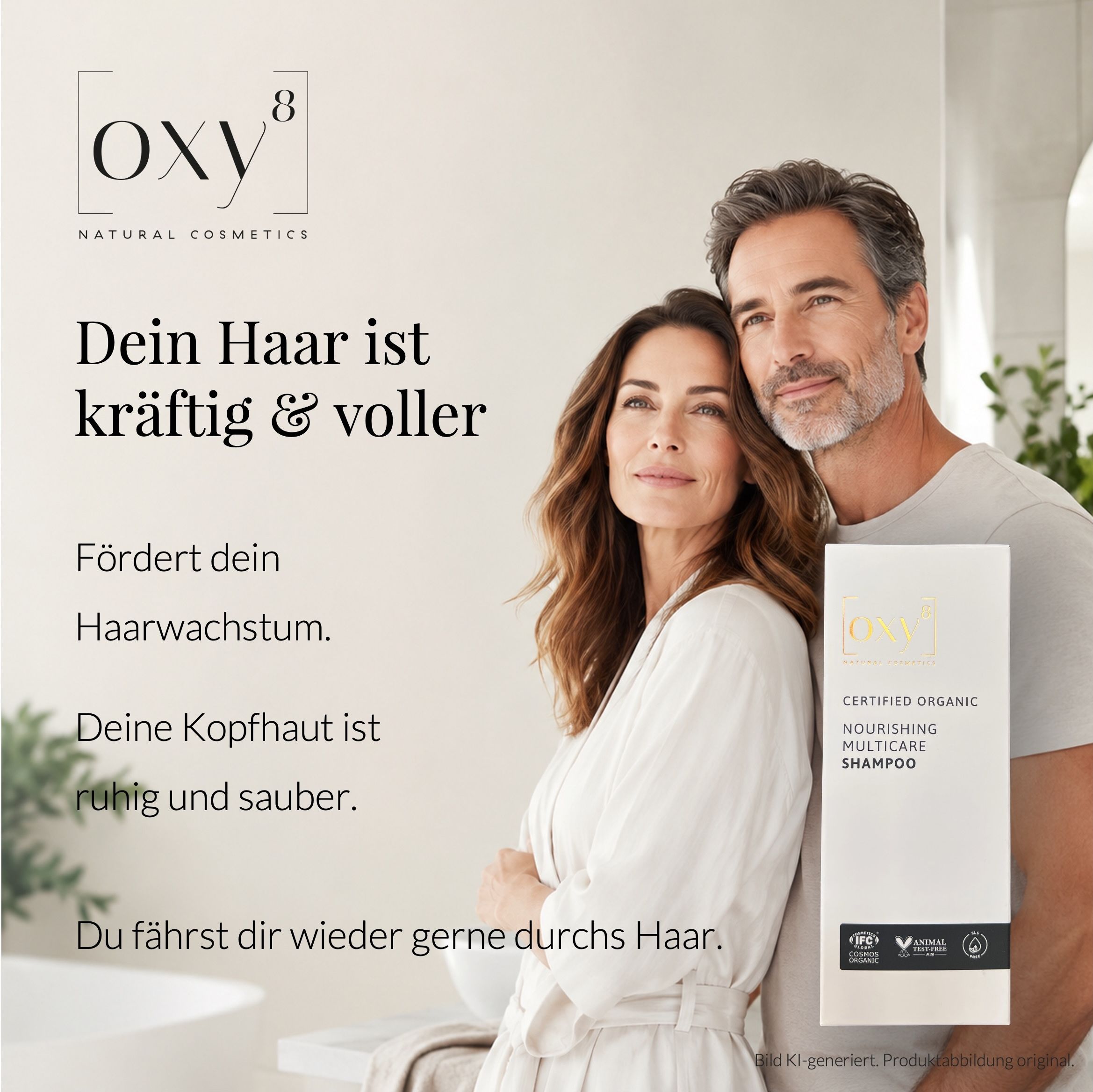 Paar posiert, OXY8 Logo, Text über starkes Haar.