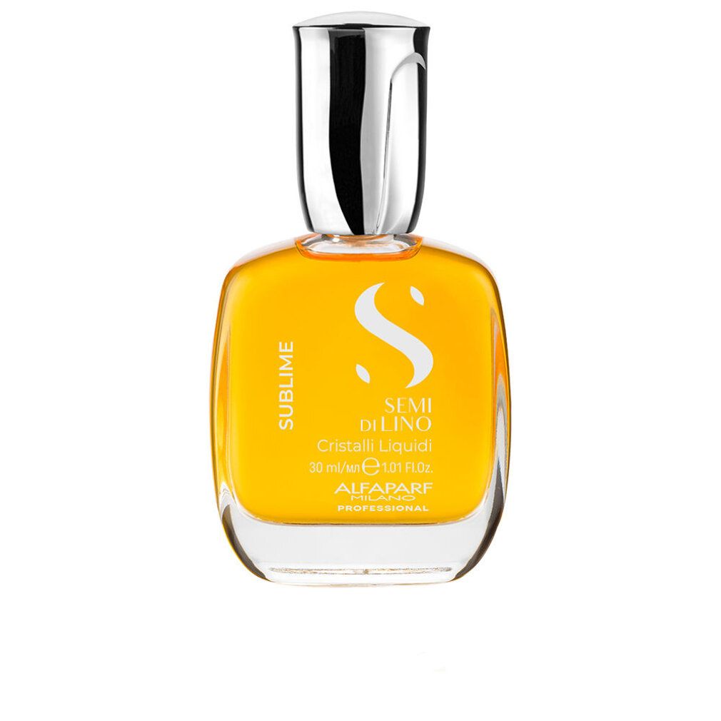Glasflasche mit gelbem, flüssigem Haarprodukt. Silberner Verschluss. Produktname und Details auf dem Etikett.