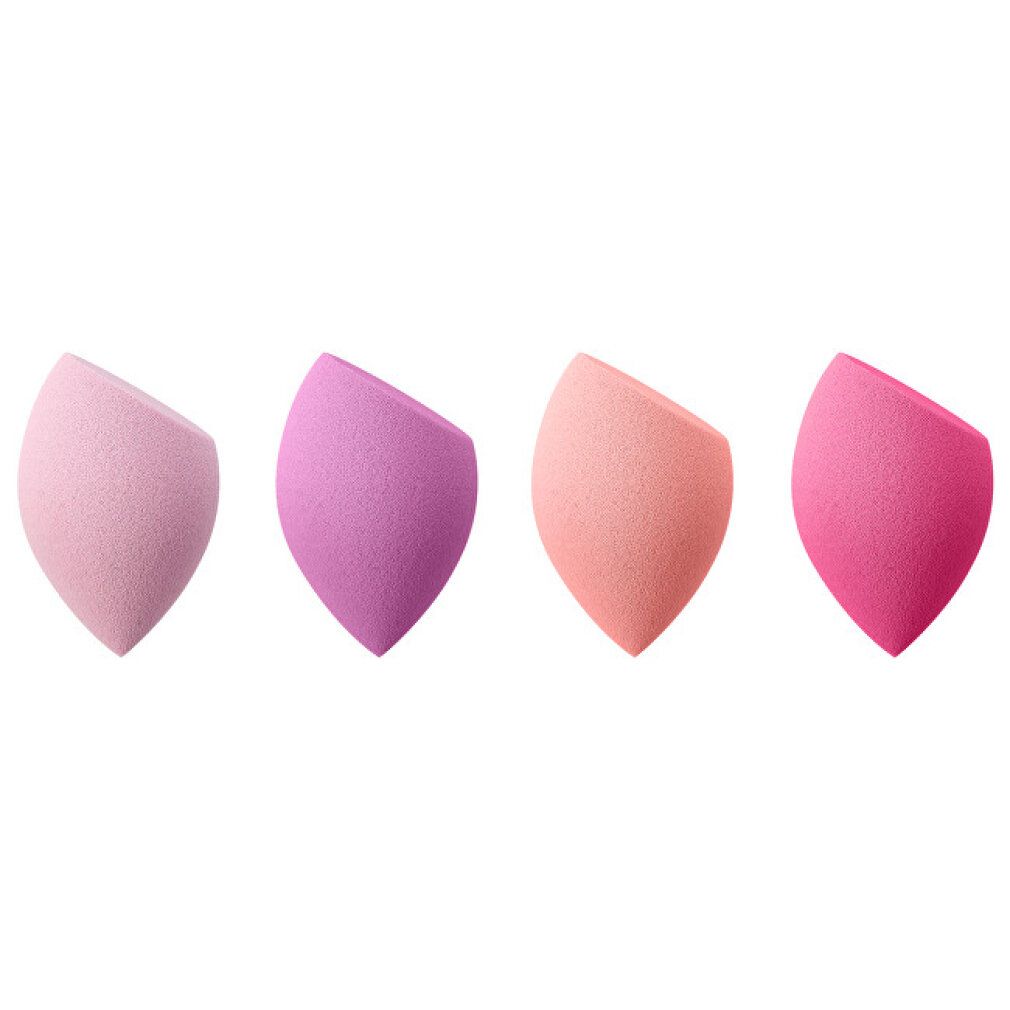 Vier Make-up-Schwämme in Rosa, Lila, Pfirsich und Pink. Ei-Form mit abgeschrägter Seite.