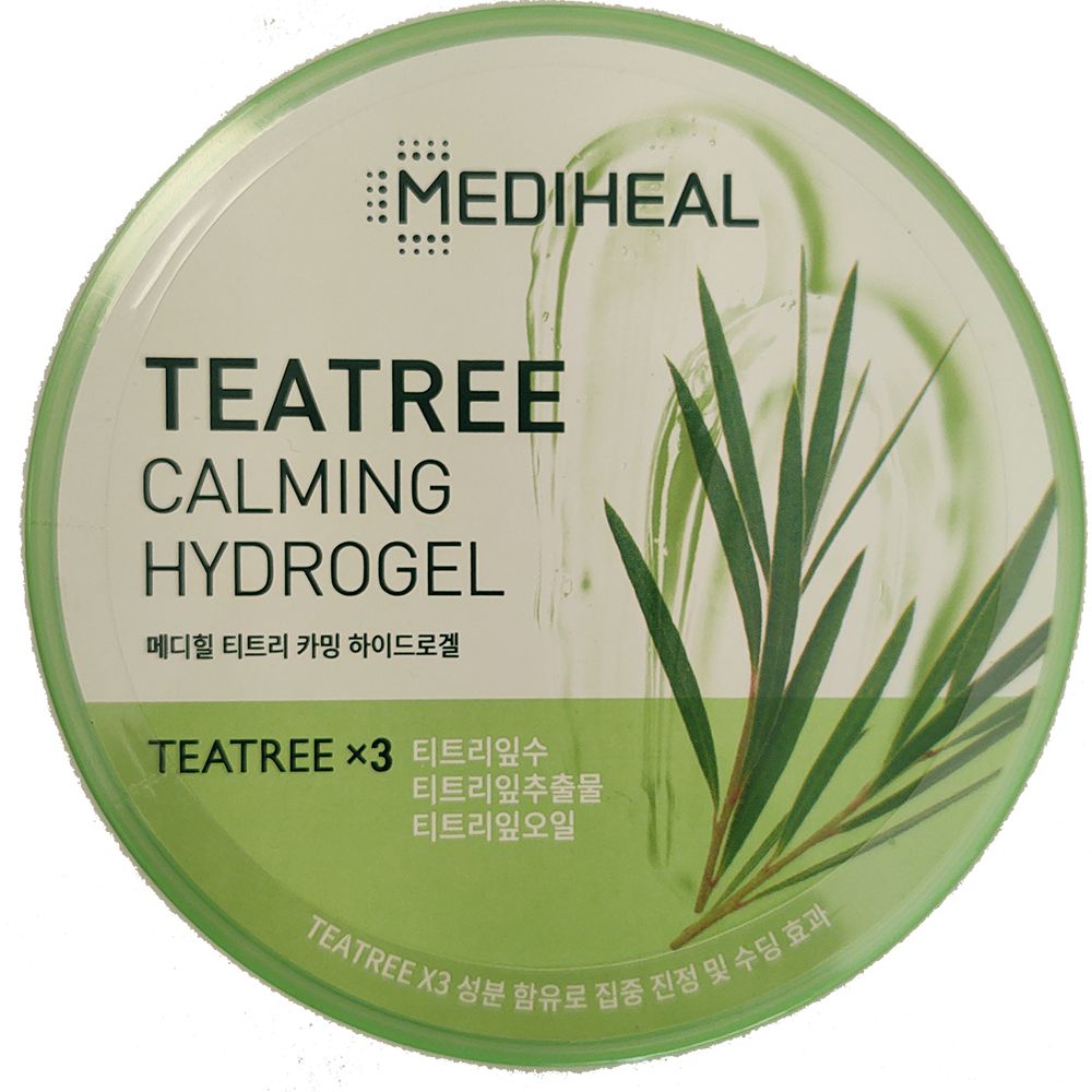 Runde, grüne Verpackung. Aufschrift: MEDIHEAL, TEATREE CALMING HYDROGEL. Abbildung von Teebaumblättern. Text in mehreren Sprachen.