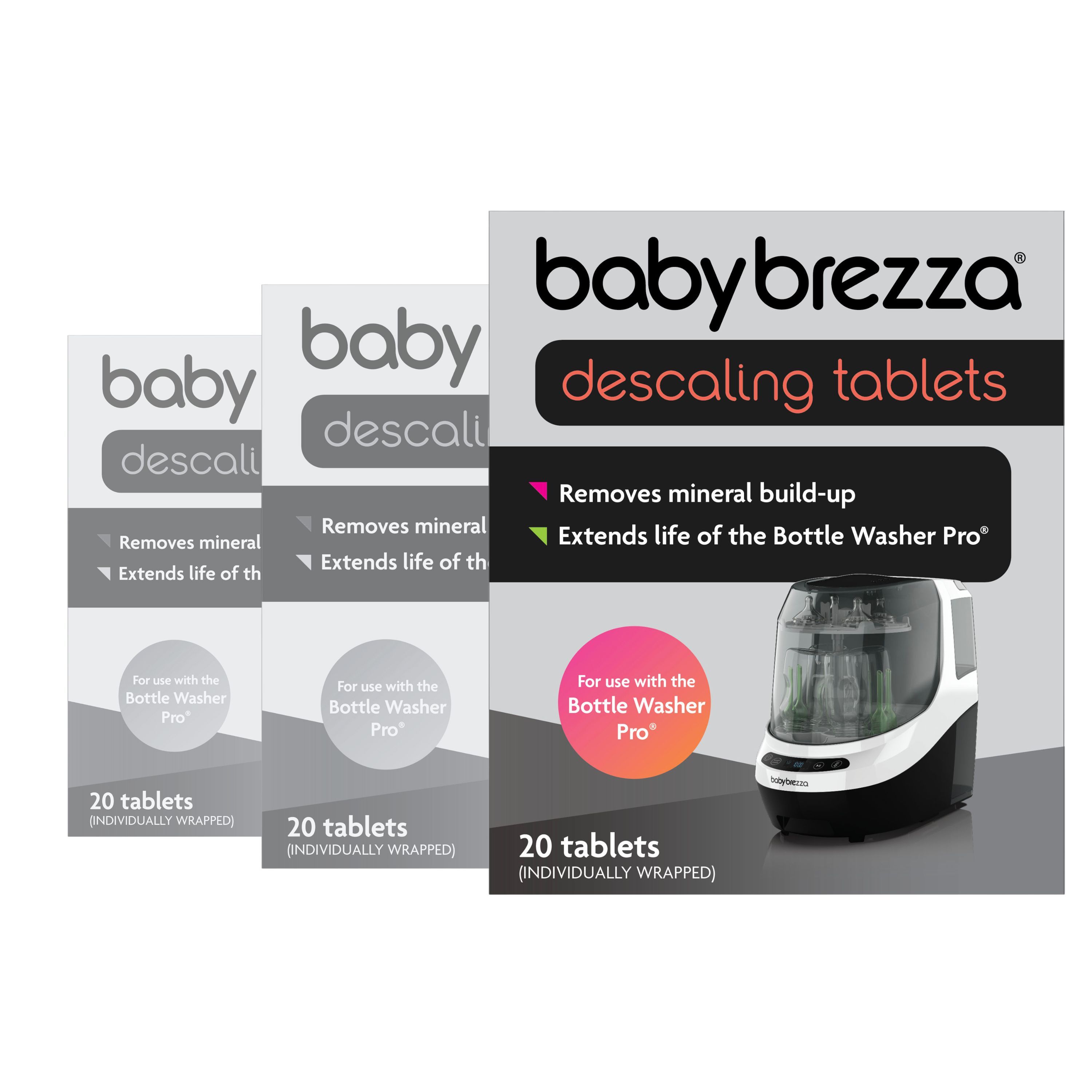 Drei Schachteln Entkalkungstabletten. Baby Brezza Logo und Produktname. Illustration des Bottle Washer Pro.