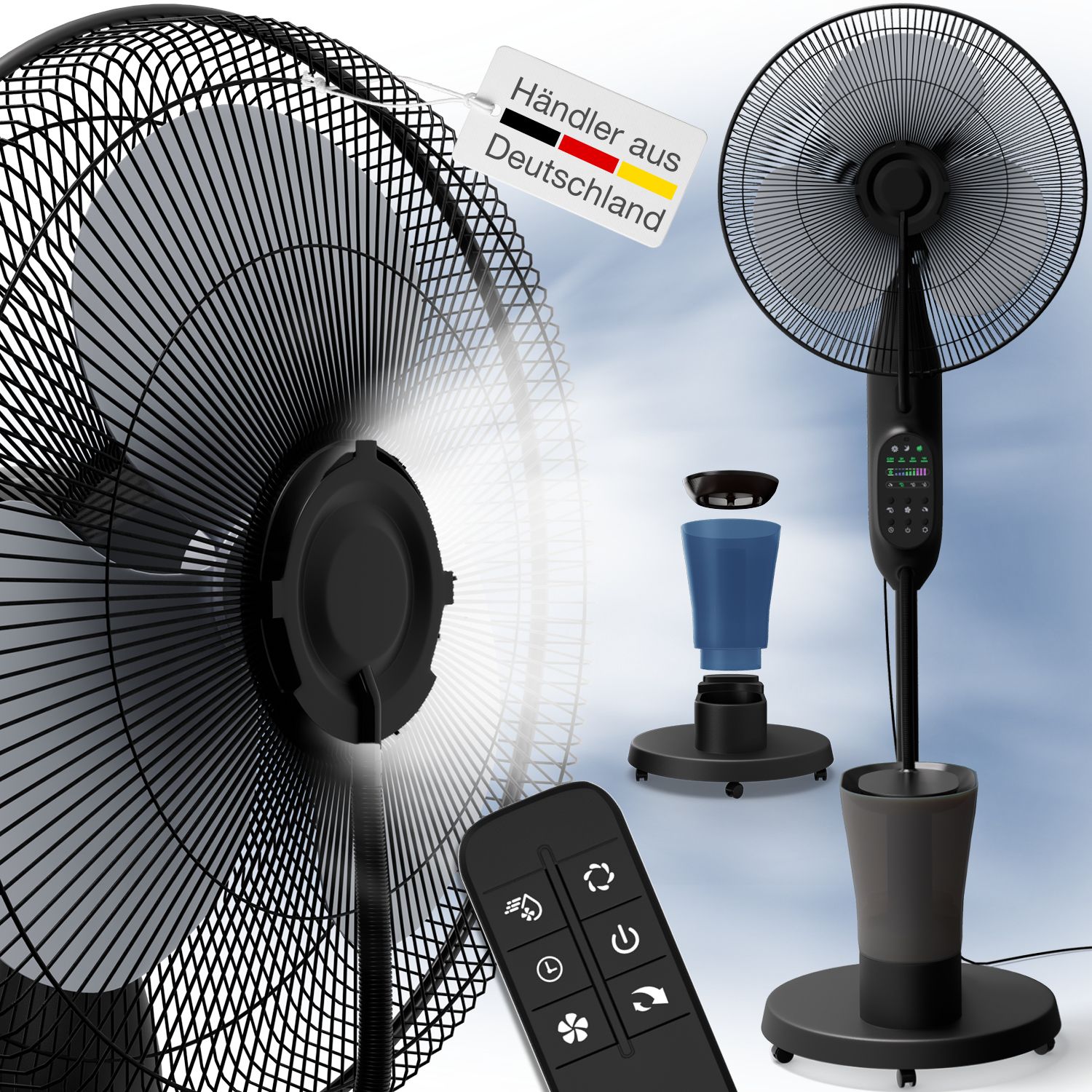Schwarzer Standventilator mit Luftbefeuchtung, Fernbedienung und Wassertank. "Händler aus Deutschland"-Etikett.