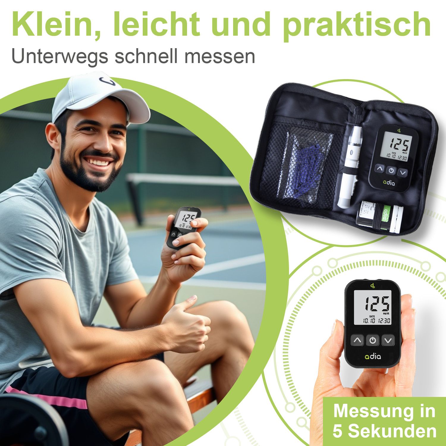 adia Diabetes-Set: Blutzuckermessgerät (mg/dl) mit 110 Blutzuckerteststreifen