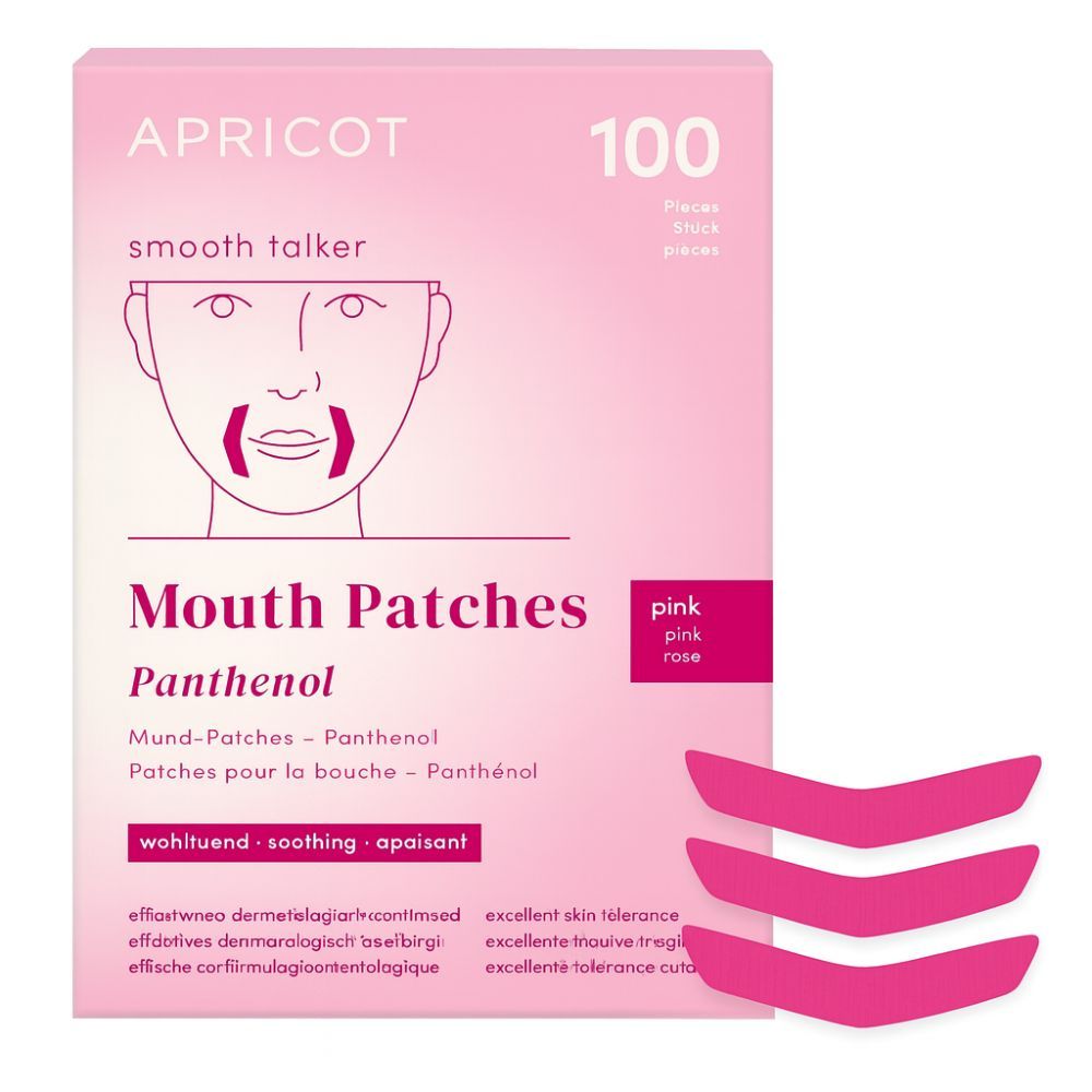 Verpackung mit APRICOT Mund Patches mit Panthenol. 100 Stück. Rosa Patches, dreieckige Form. Aufdruck: Mouth Patches.