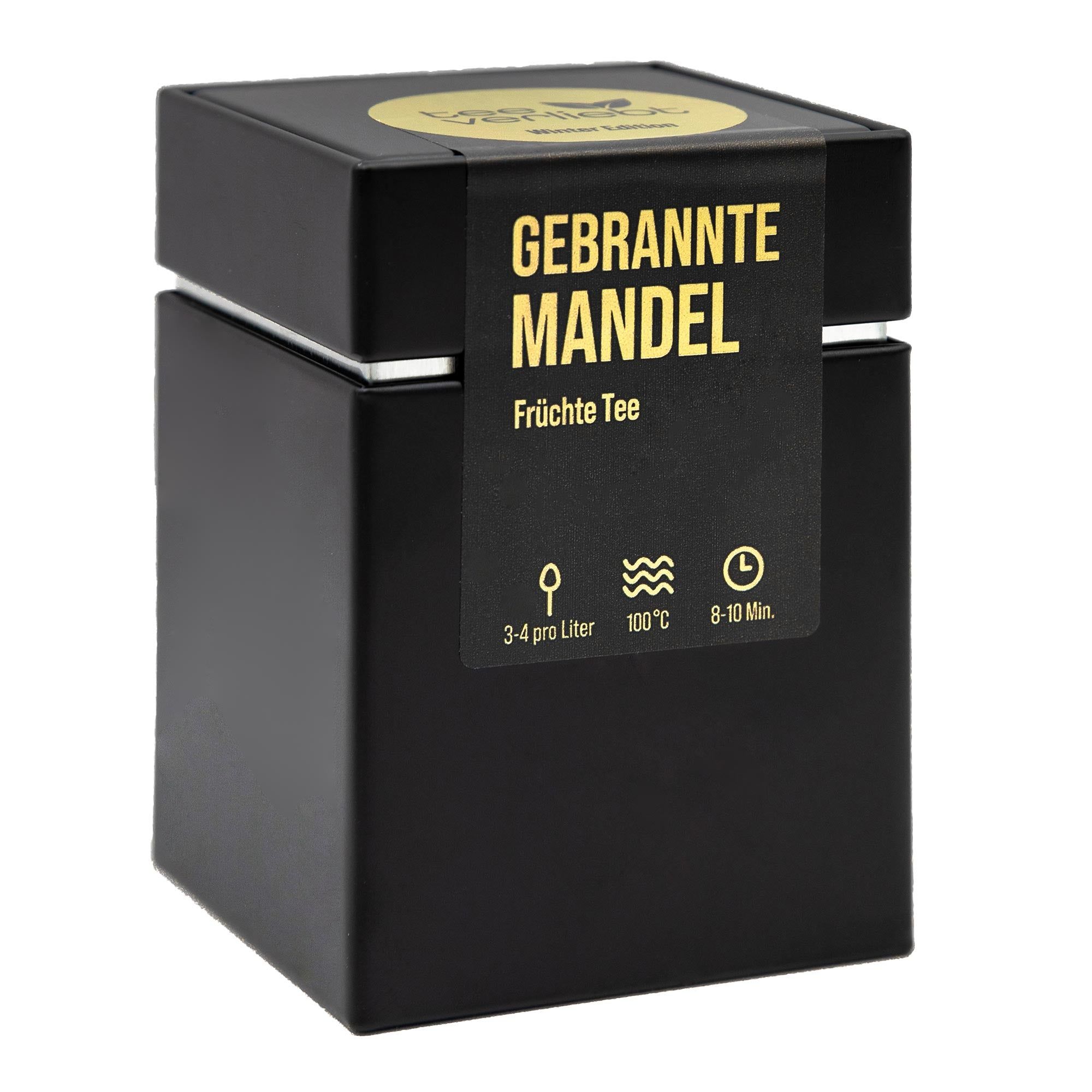 Schwarze Geschenkdose mit goldfarbenem Aufdruck. Aufschrift: Gebrannte Mandel Früchte Tee. Mit Zubereitungshinweisen.