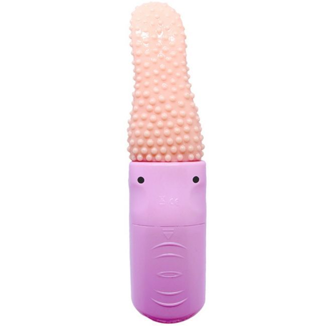 Zungen-Vibrator, rosa Basis, beige, strukturierte Spitze. Basis mit Logo und Bedienfeld.