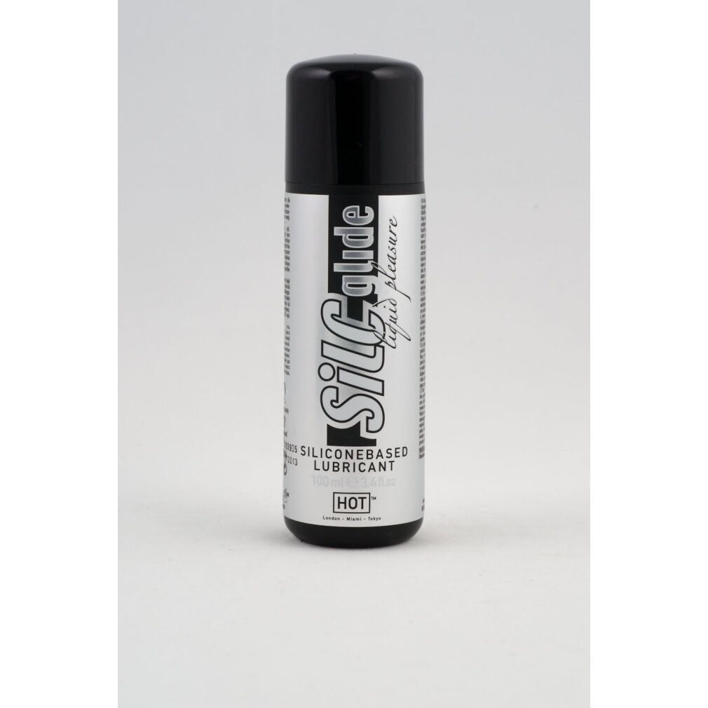 Zylindrische Flasche mit schwarzem Deckel. SILC Glide, silikonbasiertes Gleitmittel, Schriftzug. Unterer Bereich: HOT.