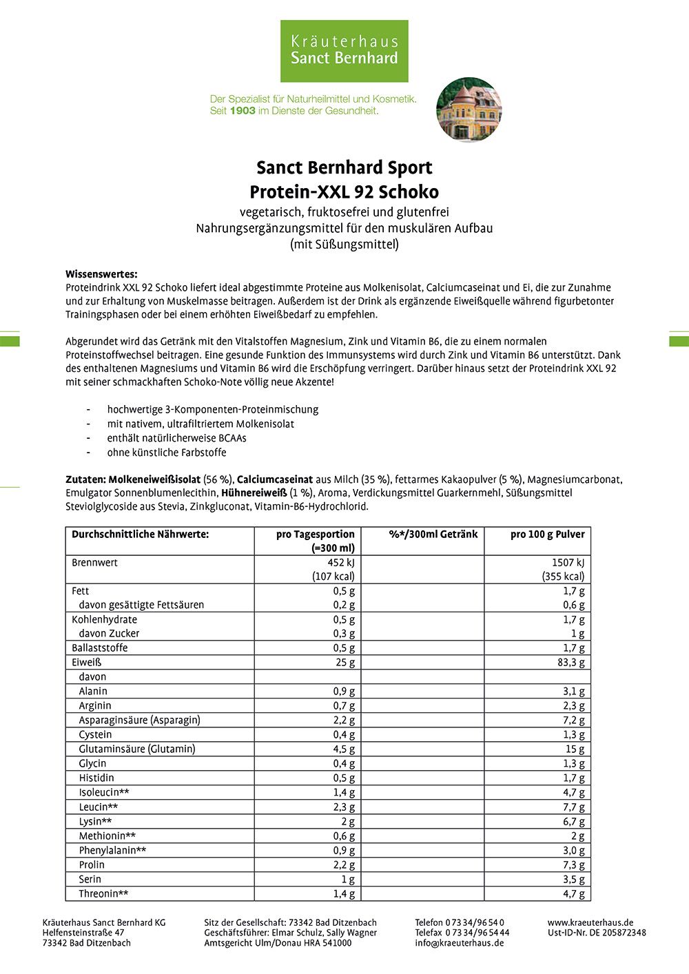 Produktinformationen zu Sport Protein-XXL 92 Schoko. Enthält Nährwertangaben, Zutatenliste und Verzehrempfehlung.