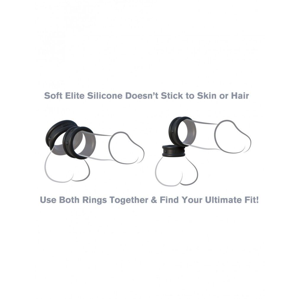 Zwei schwarze Penisringe, schematisch dargestellt. Text: Soft Elite Silicone klebt nicht an Haut oder Haaren. Verwenden Sie beide Ringe zusammen.