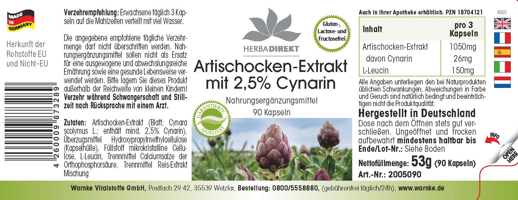 Etikett mit Produktinformationen. Aufschrift: Artischocken-Extrakt mit 2,5% Cynarin. 90 Kapseln. HerbaDirekt Logo. Inhaltsangaben.