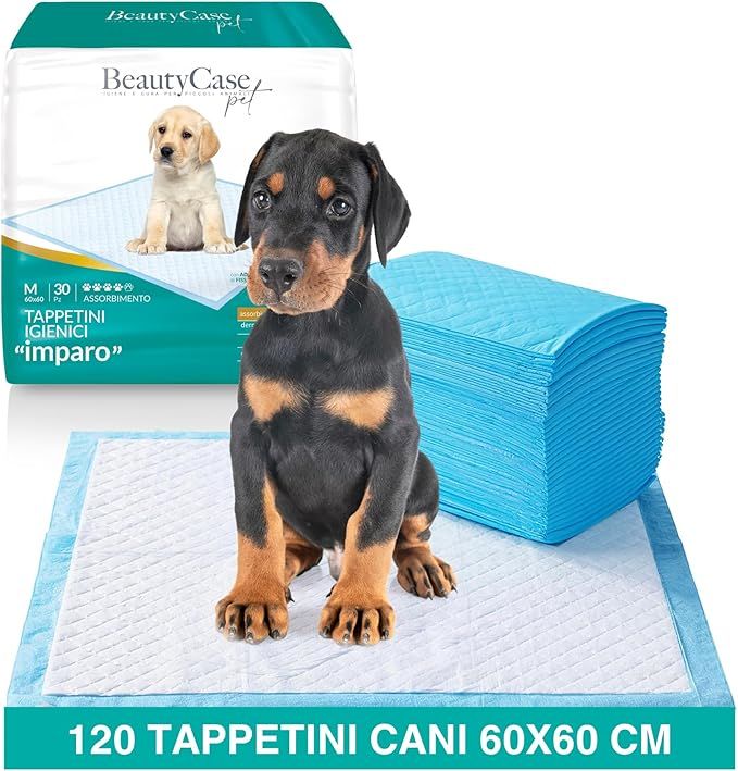 Packung mit 120 saugfähigen Hundewindeln, 60x60 cm. Ein Welpe sitzt auf einer Windel, daneben ein Stapel blauer Windeln. Auf der Verpackung ist ein Hund abgebildet.