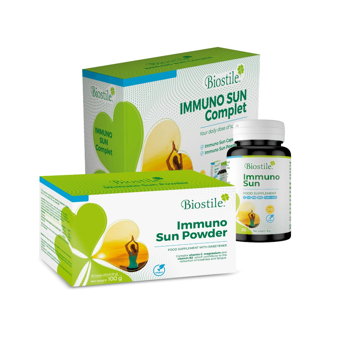 Biostile Immuno Sun Komplett und Immuno Sun Powder Verpackungen mit Fläschchen.