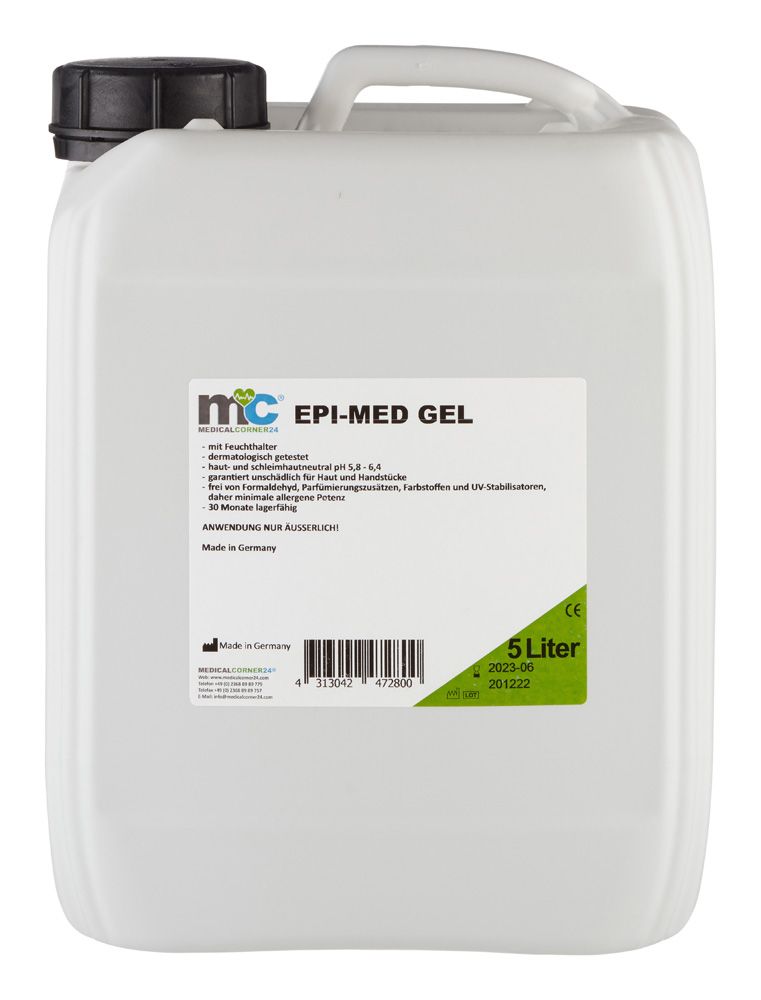 5-Liter-Kanister mit Epi-med Gel, weiß, mit Etikett und schwarzem Schraubverschluss.