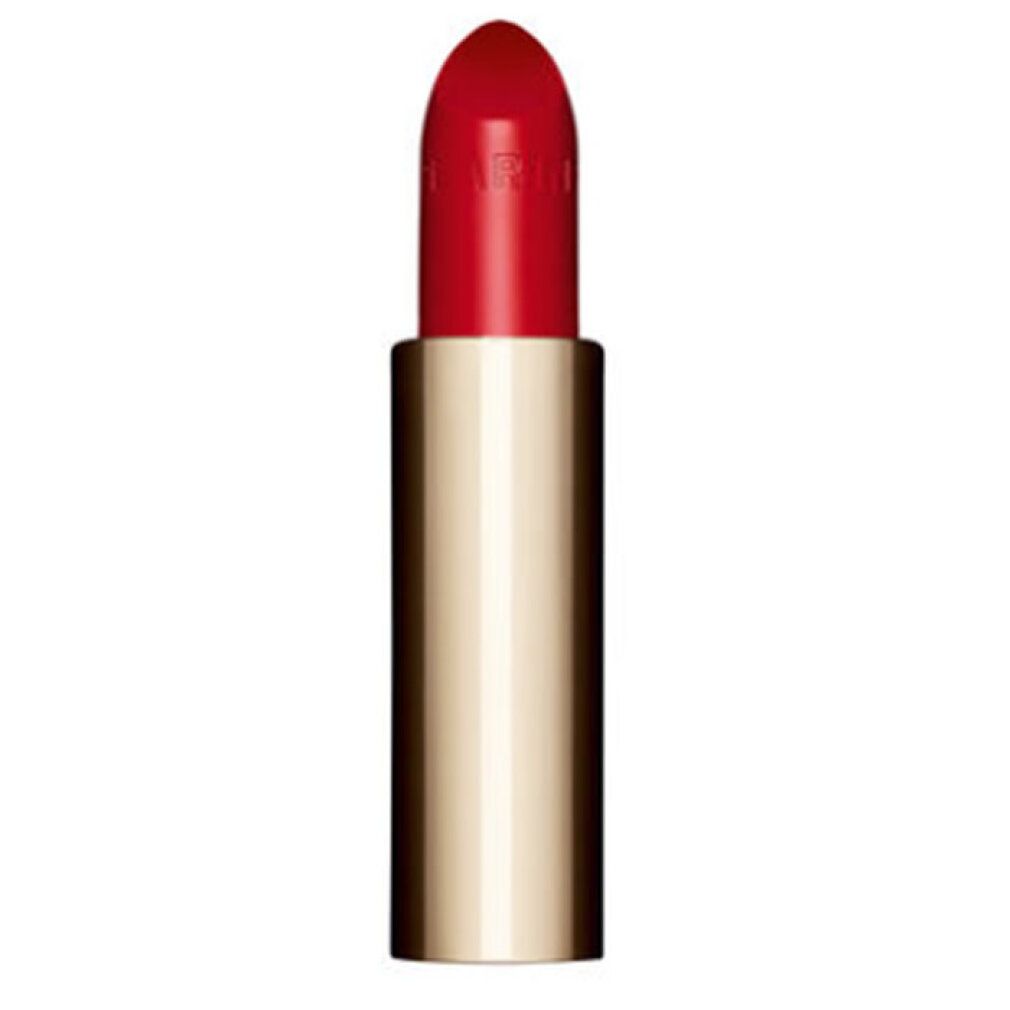 Roter Lippenstift in goldener Hülse. Spitze des Stifts sichtbar. Aufschrift auf dem Lippenstift.