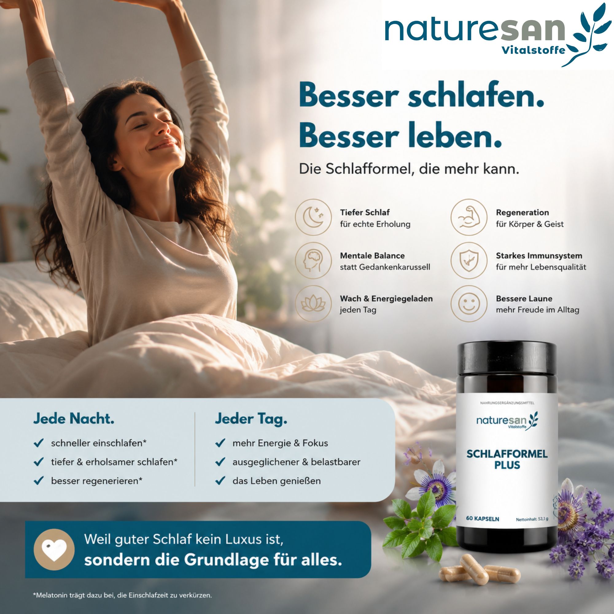 Frau streckt sich im Bett, umgeben von Icons, die Vorteile wie tieferen Schlaf und mehr Energie beschreiben.