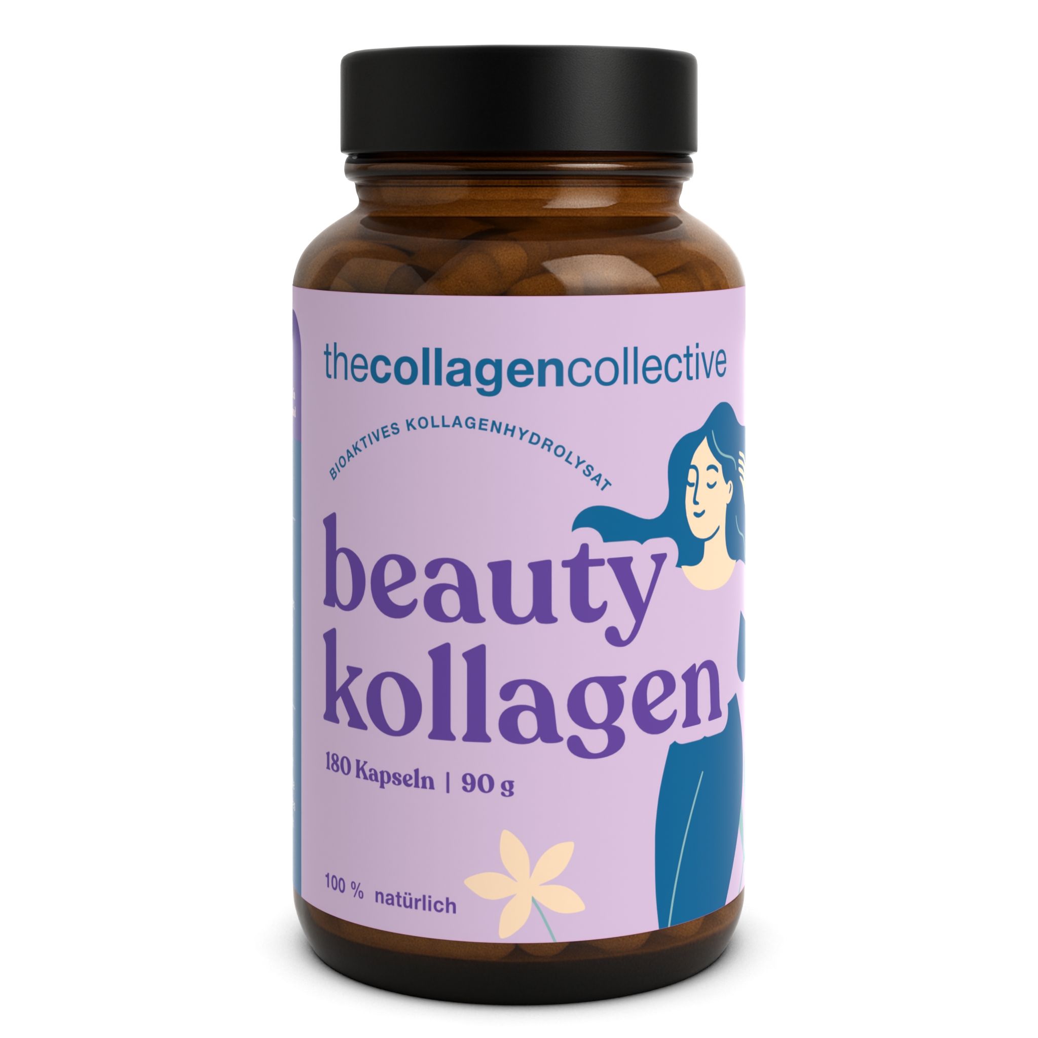 Braune Flasche mit lila Etikett. Aufschrift: Beauty Kollagen, 180 Kapseln, 90g. Logo: thecollagencollective.