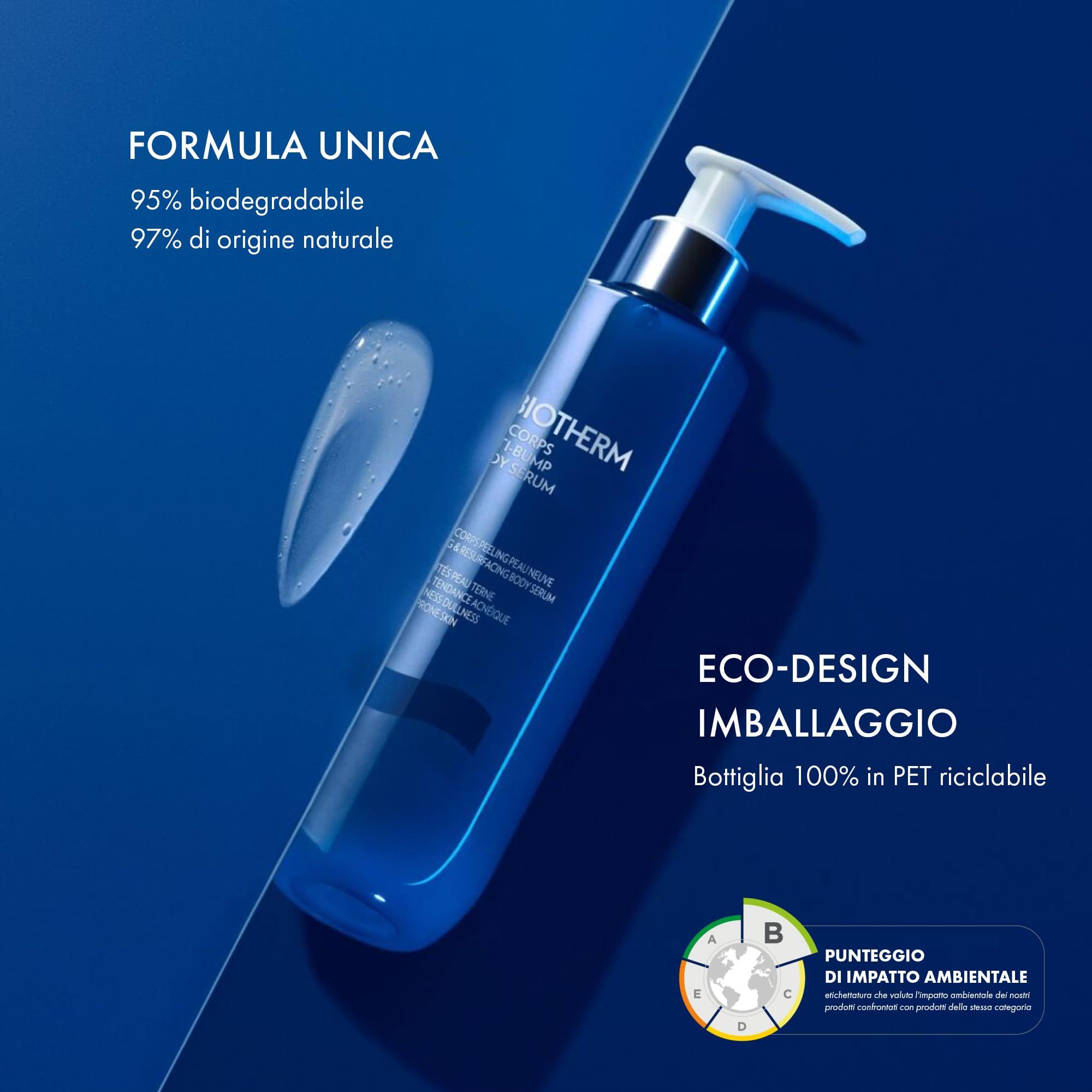 Blauer Biotherm Biocorps Body Serum Flakon vor einem Hintergrund mit vertikalen Linien.