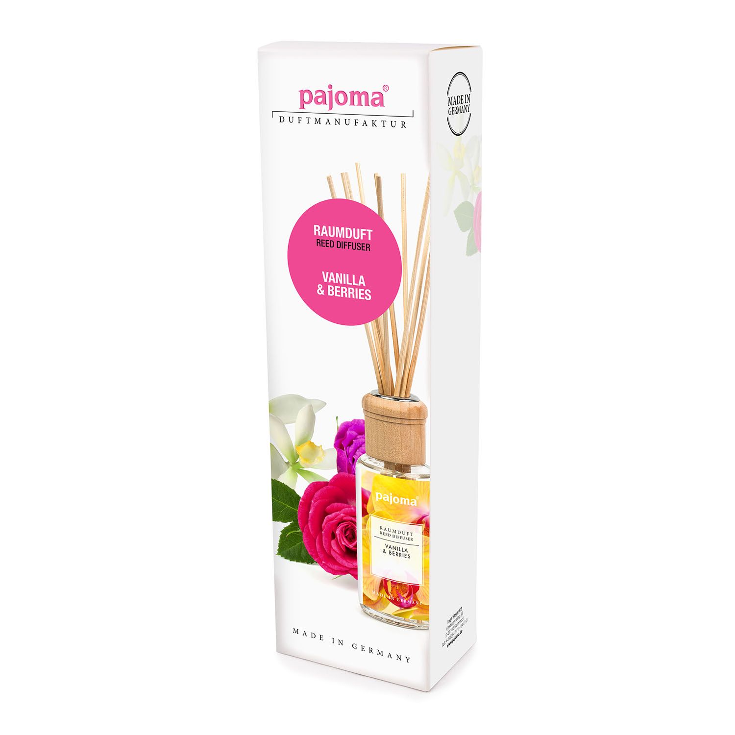 Produktverpackung mit Produktabbildung. Text: Vanilla & Berries. Produktname: pajoma® Raumduft. Mit Qualitätszeichen.