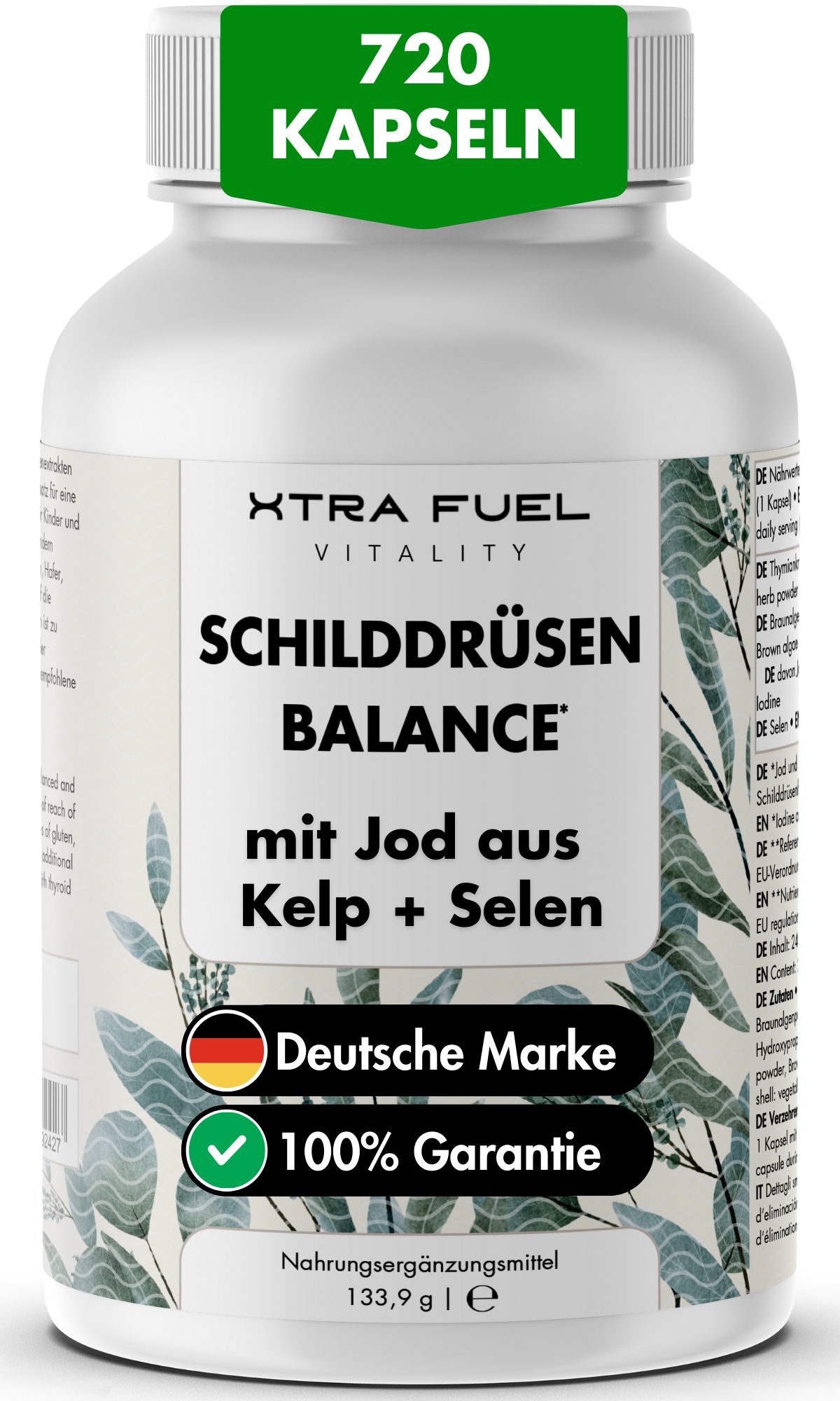 Weiße Flasche mit Kapseln. Aufschrift: Schilddrüsen Balance, mit Jod aus Kelp + Selen. Deutsche Marke, 100% Garantie.