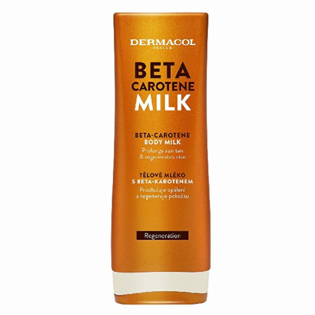 Orangefarbene Tube mit weißem Verschluss. Aufschrift: Dermacol, Beta Carotene Milk. Text in mehreren Sprachen.